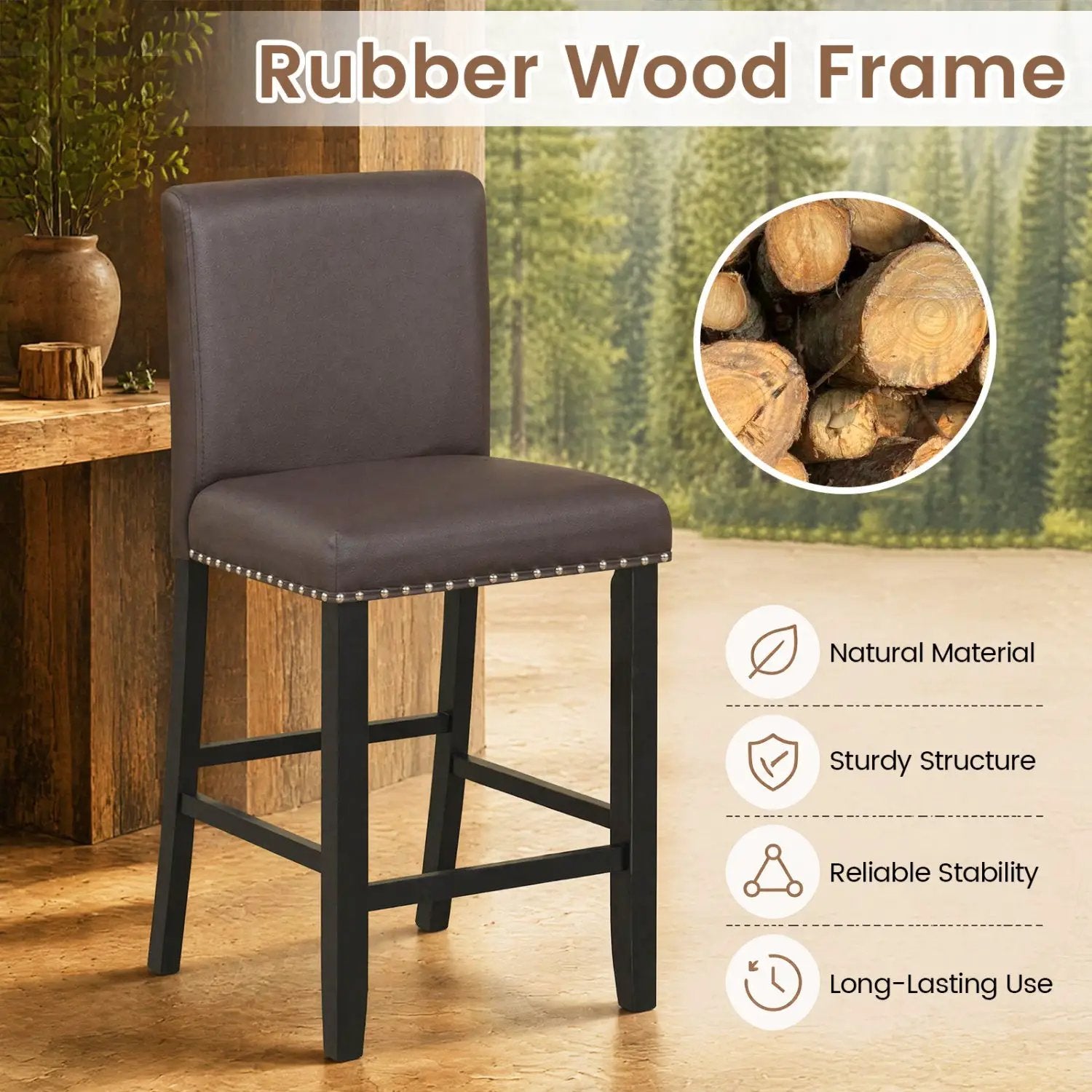 Bar Stools with Back Set of 4 - Brown Upholstered Counter Height by DirectDeals
