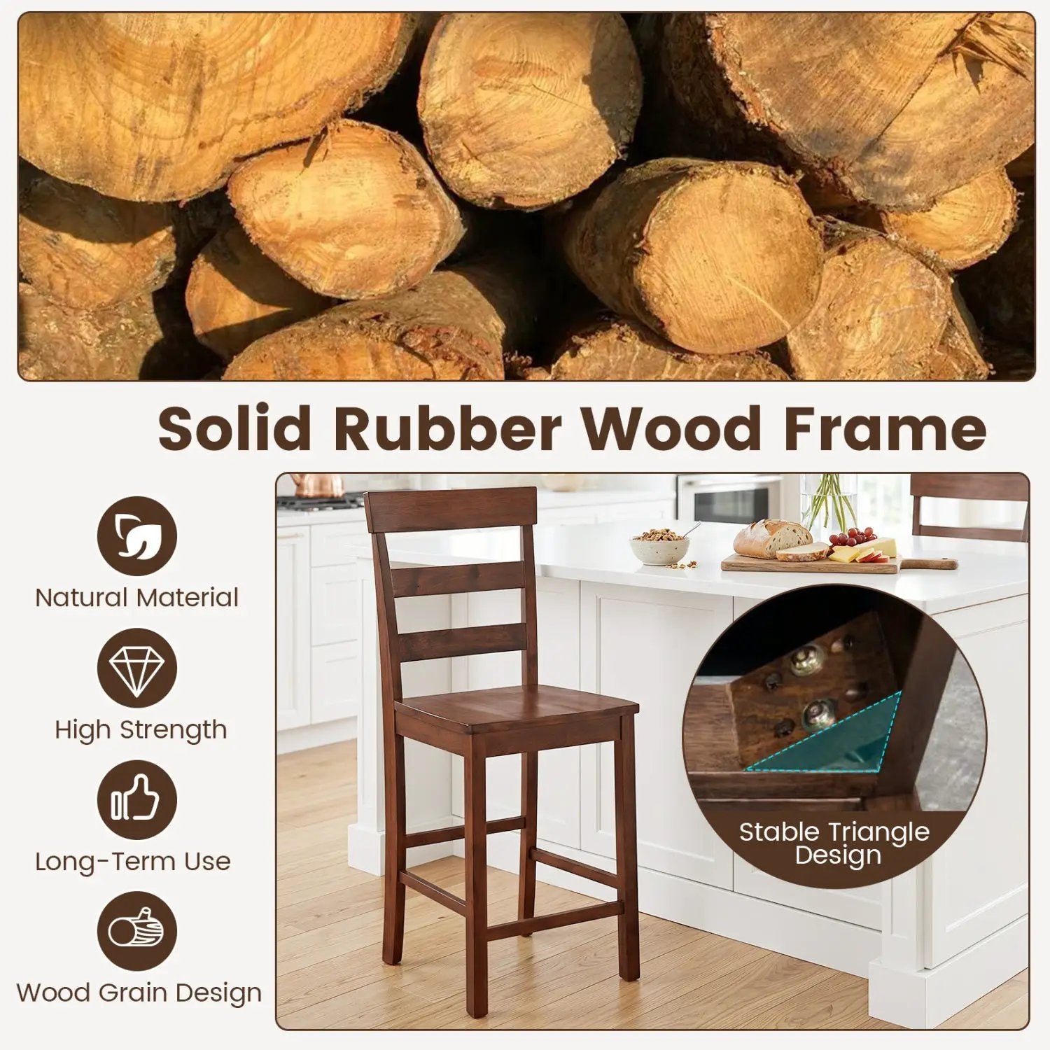 Counter Height Bar Stools Set of 2 - Rubber Wood Frame by DirectDeals