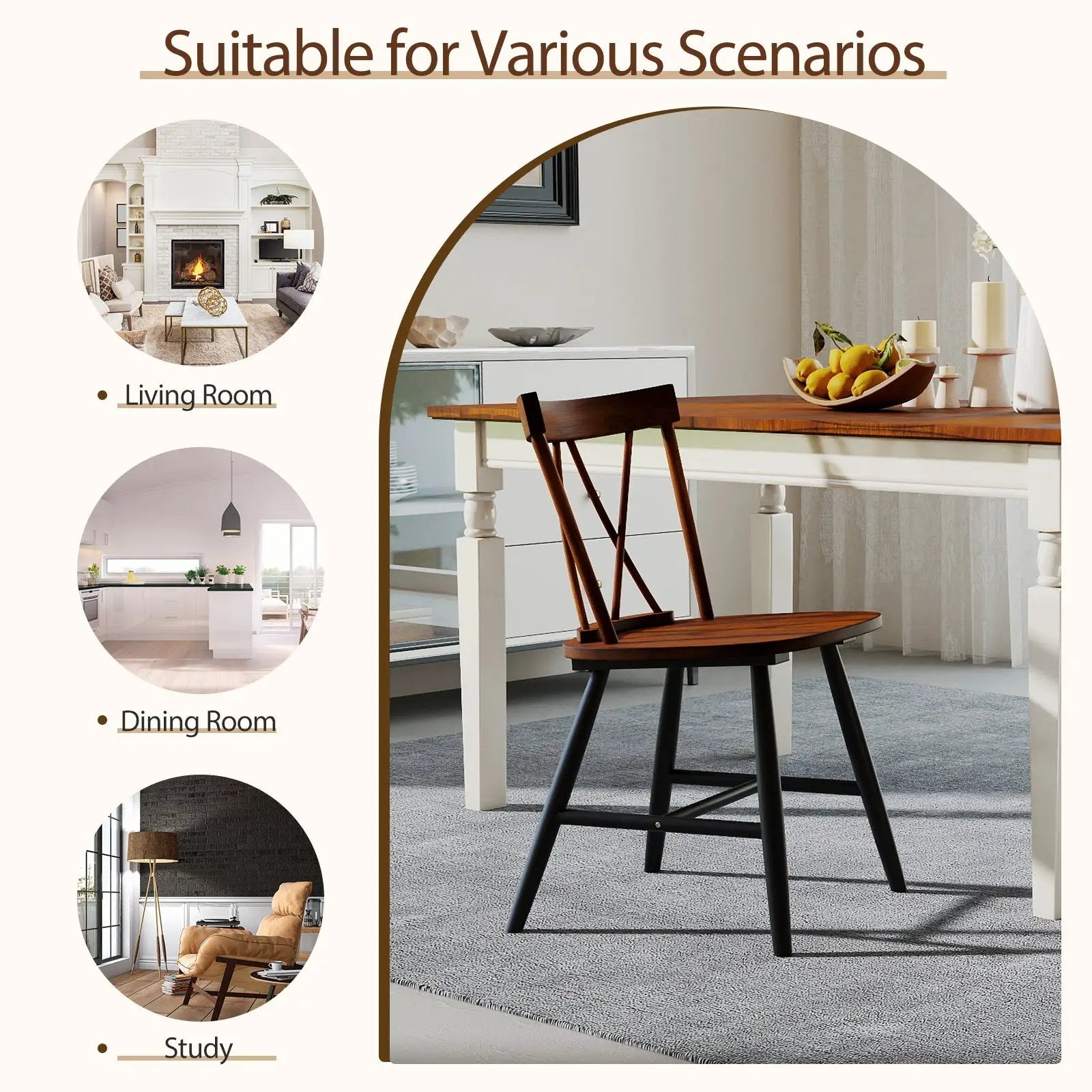 Set of 4 Dining Chairs with Rubber Wood Frame and Curved Cross Back-Dark Brown by DirectDeals