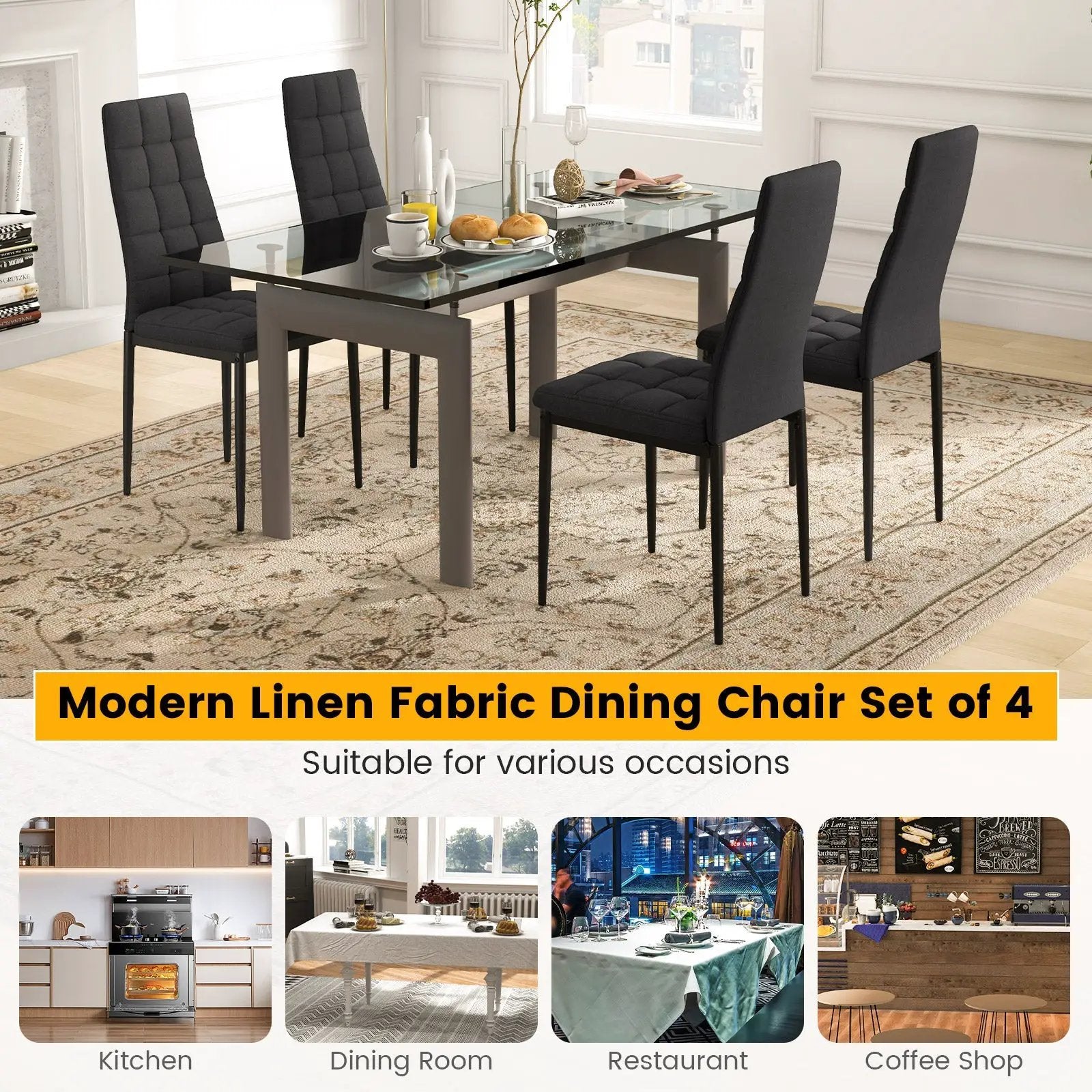 Set of 4 Fabric Dining Chairs Set with Upholstered Cushion and High Back by DirectDeals