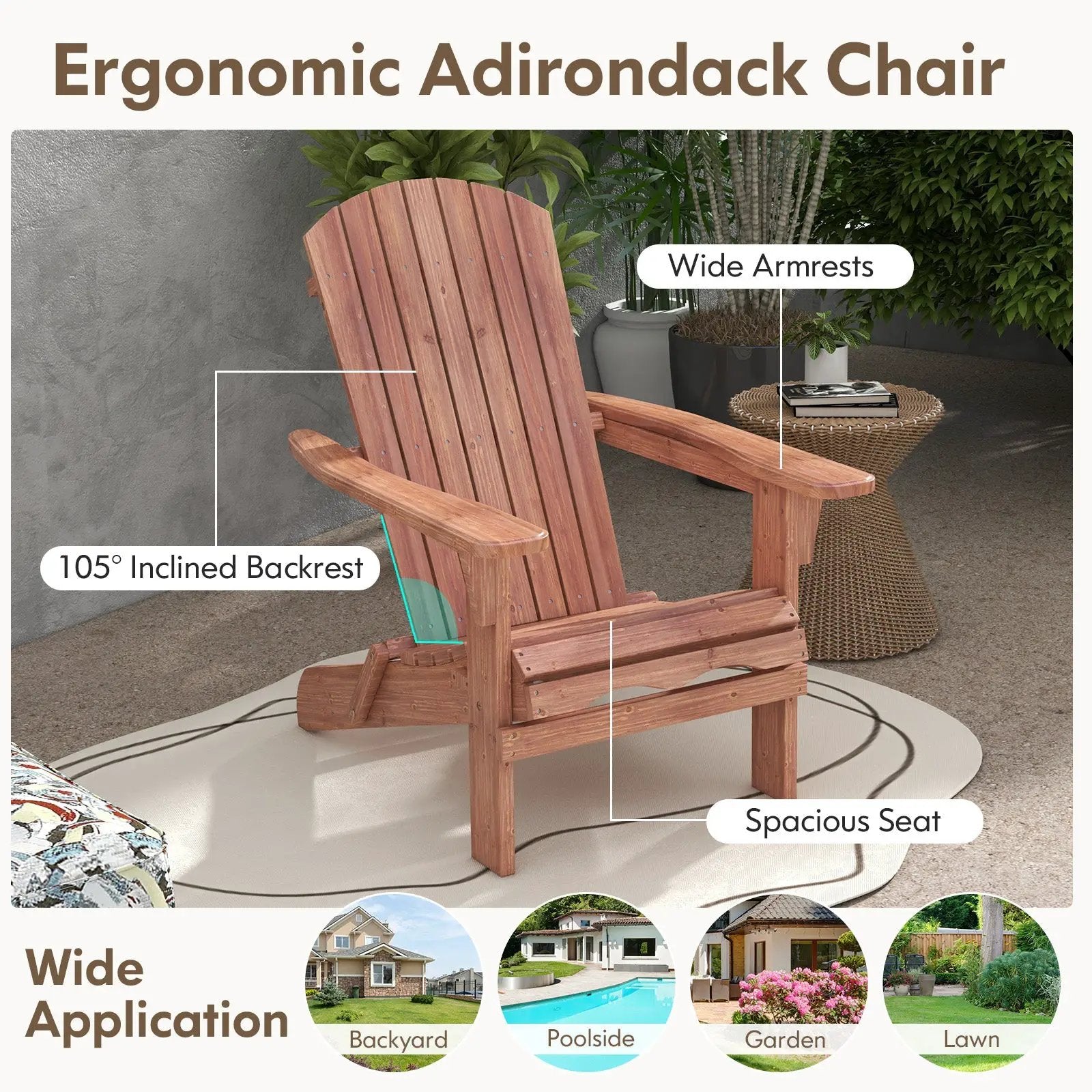 Folding Adirondack Chair Set of 2 with High Backrest and Wide Armrests by DirectDeals