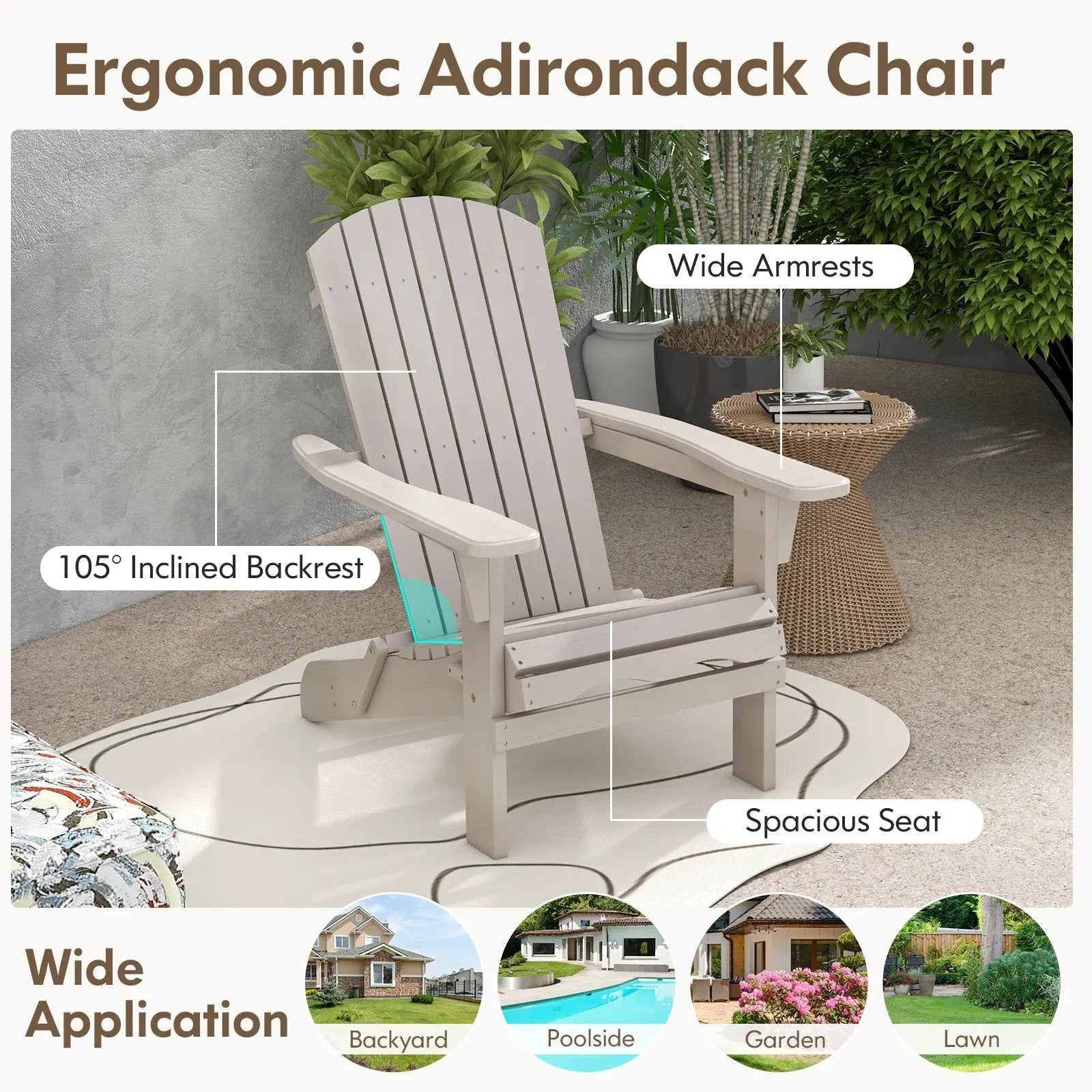 Folding Adirondack Chair Set of 2 with High Backrest and Wide Armrests by DirectDeals