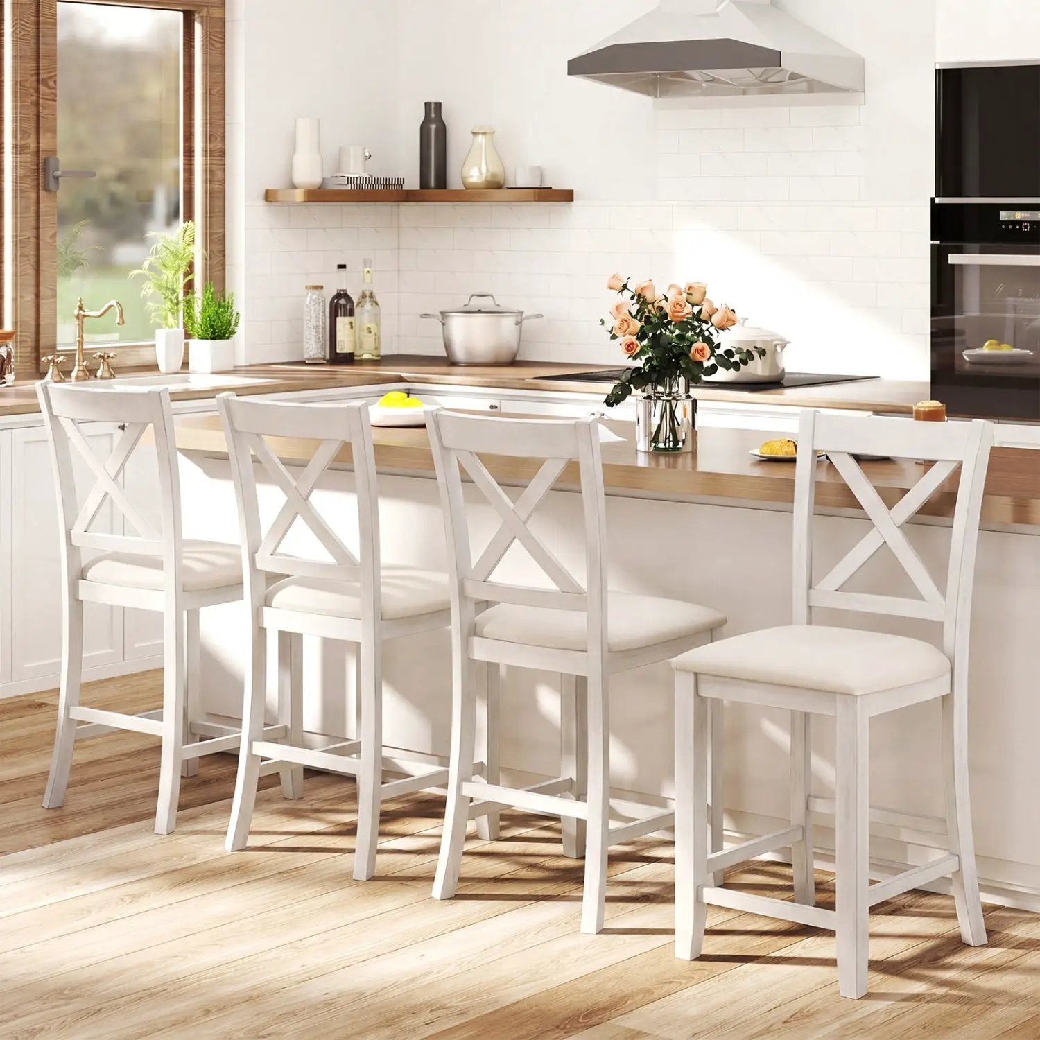 Counter Height Bar Stools Set of 4 with Footrest - White by DirectDeals