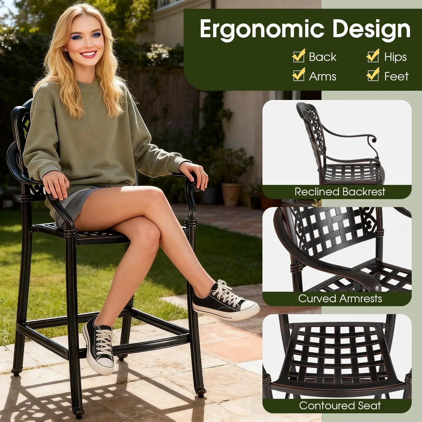 Set of 4 Outdoor Bar Stool 25.5 Inch Counter Height Cast Aluminum Bar Chairs-Copper by DirectDeals