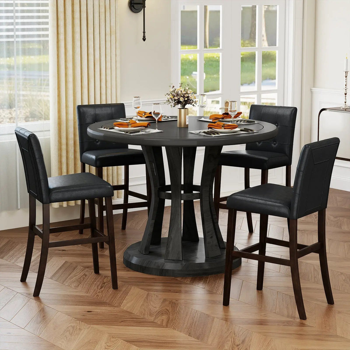 Set of 4 PVC Dining Leather Bar Stools with Solid Wood Legs, photo 15 of 16