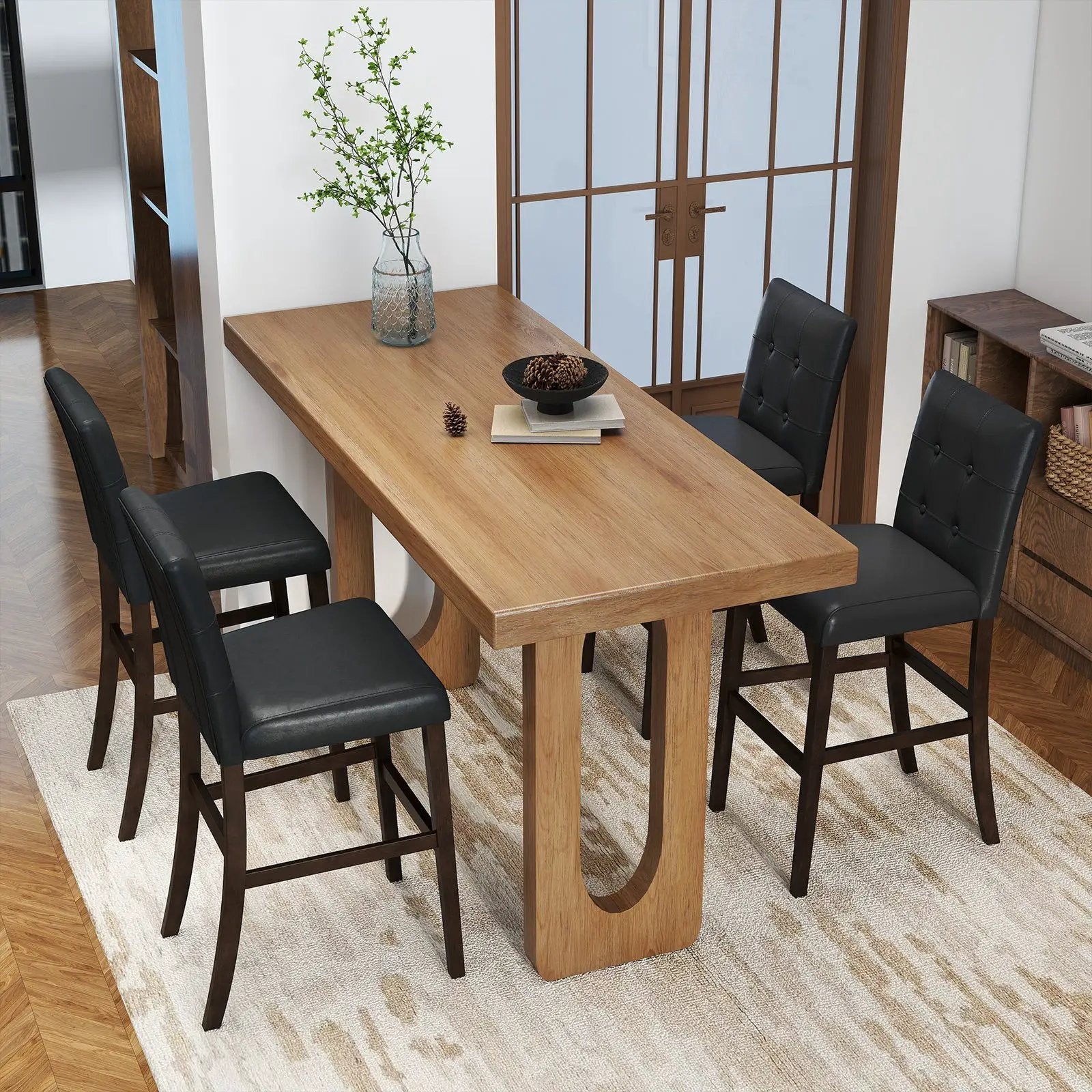 Set of 4 PVC Dining Leather Bar Stools with Solid Wood Legs by DirectDeals