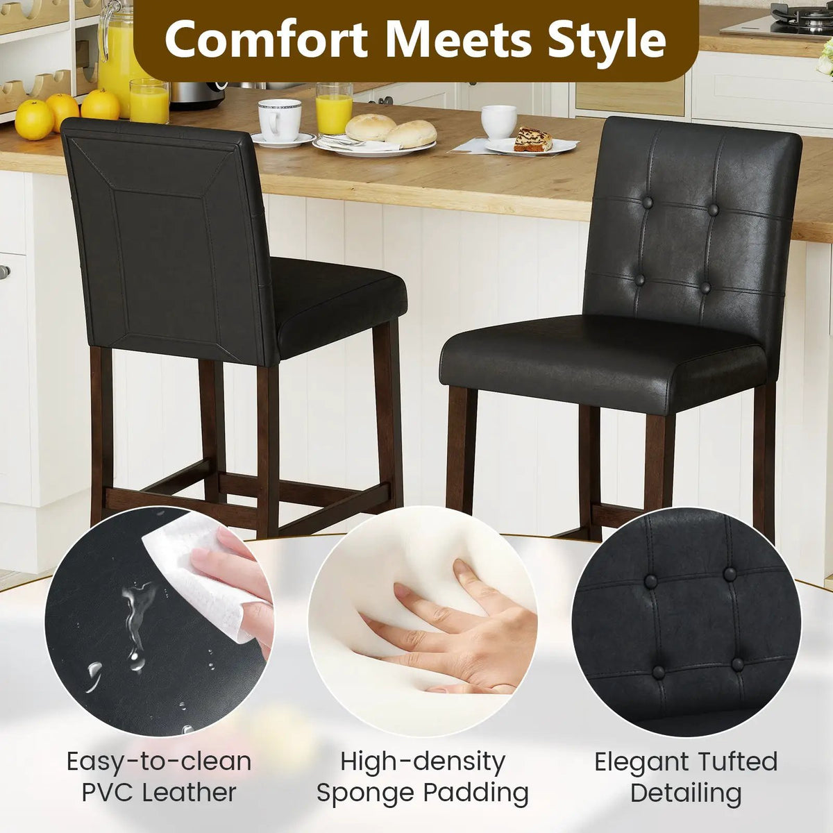 Set of 4 PVC Dining Leather Bar Stools with Solid Wood Legs, photo 8 of 16