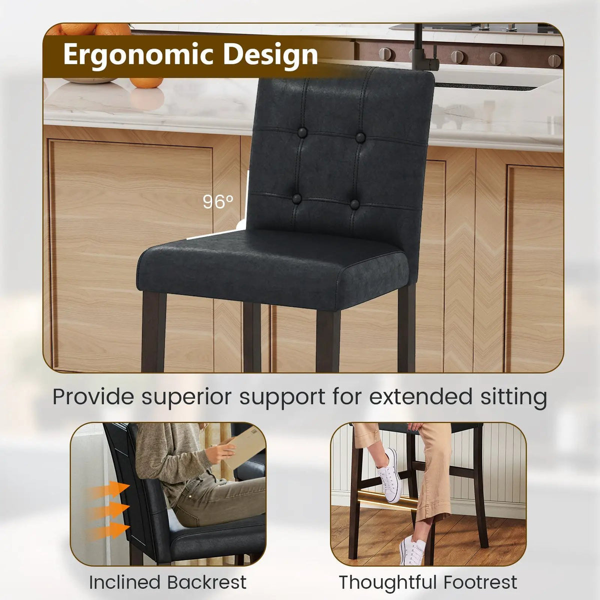 Set of 4 PVC Dining Leather Bar Stools with Solid Wood Legs, photo 6 of 16