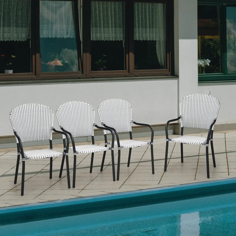 Set of 4 Patio Rattan Stackable Dining Chair with Armrest for Garden-White by DirectDeals