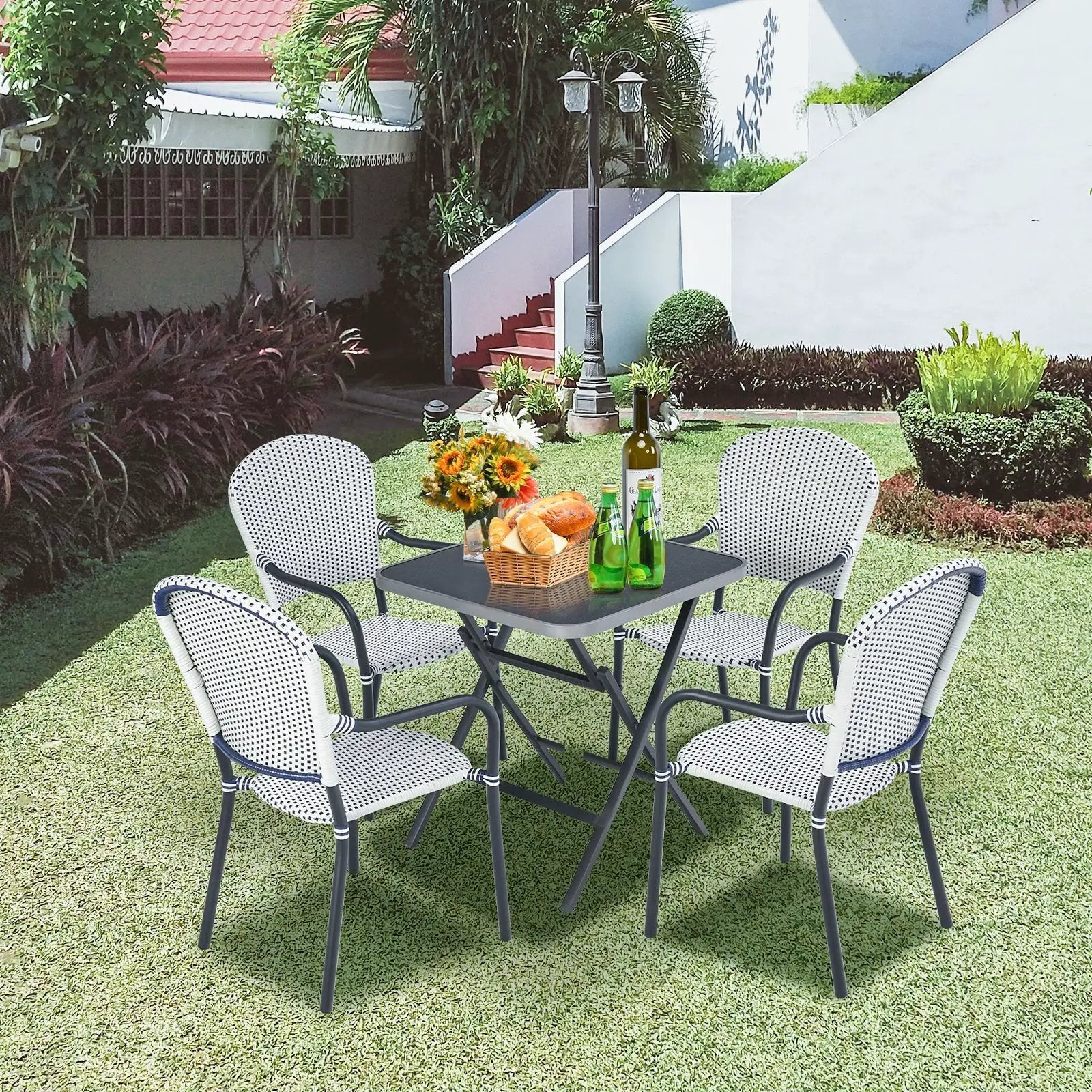 Set of 4 Patio Rattan Stackable Dining Chair with Armrest for Garden-White by DirectDeals