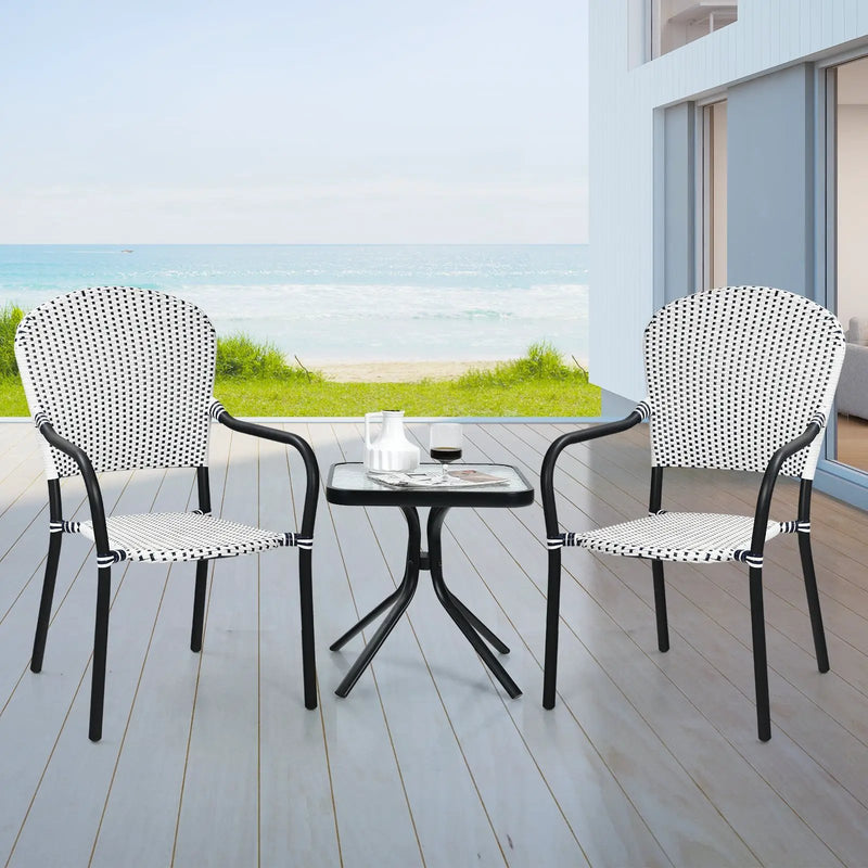 Set of 4 Patio Rattan Stackable Dining Chair with Armrest for Garden-White by DirectDeals