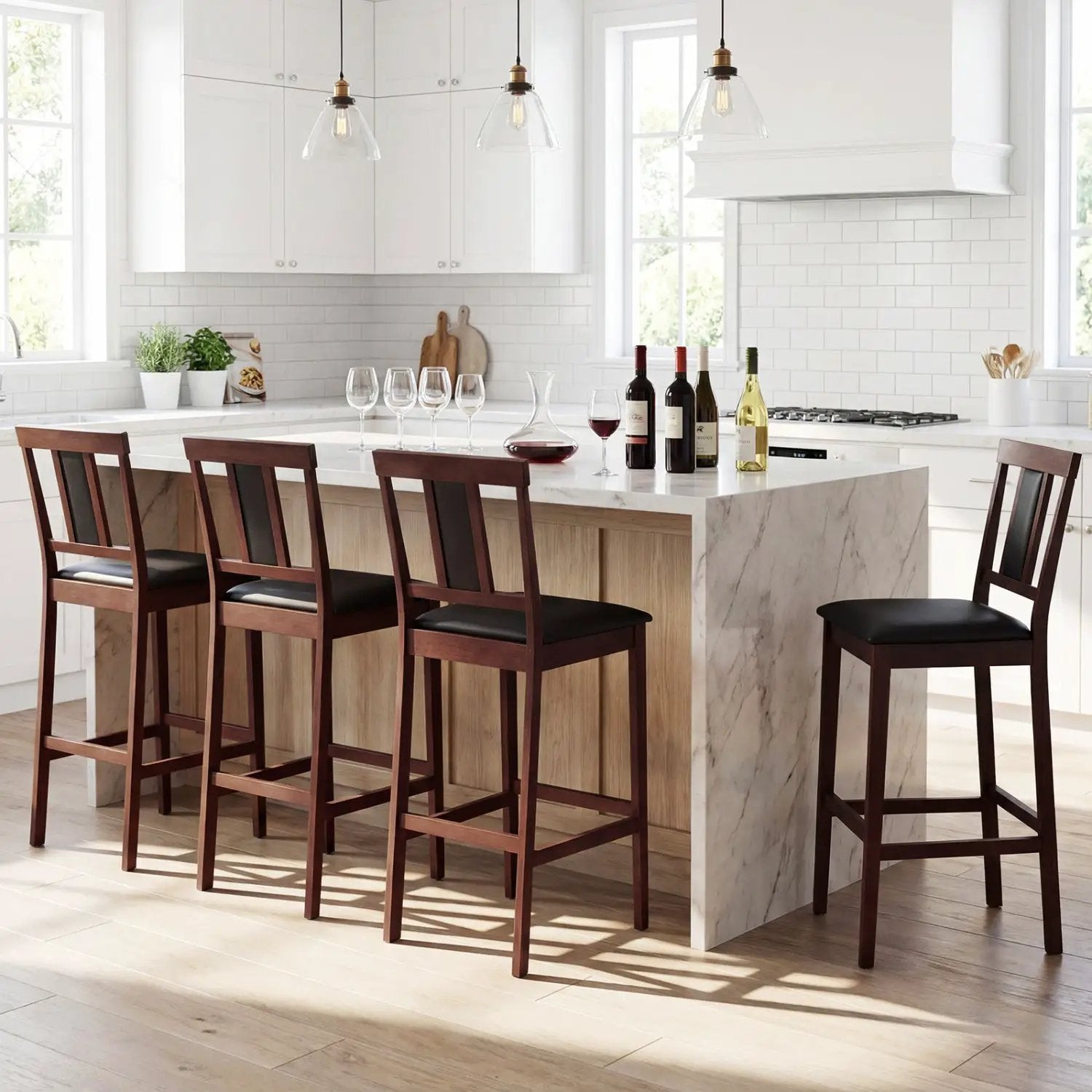 Set of 4 Upholstered Barstool 29.5 Inch Bar Height with Solid Rubber Wood Frame by DirectDeals