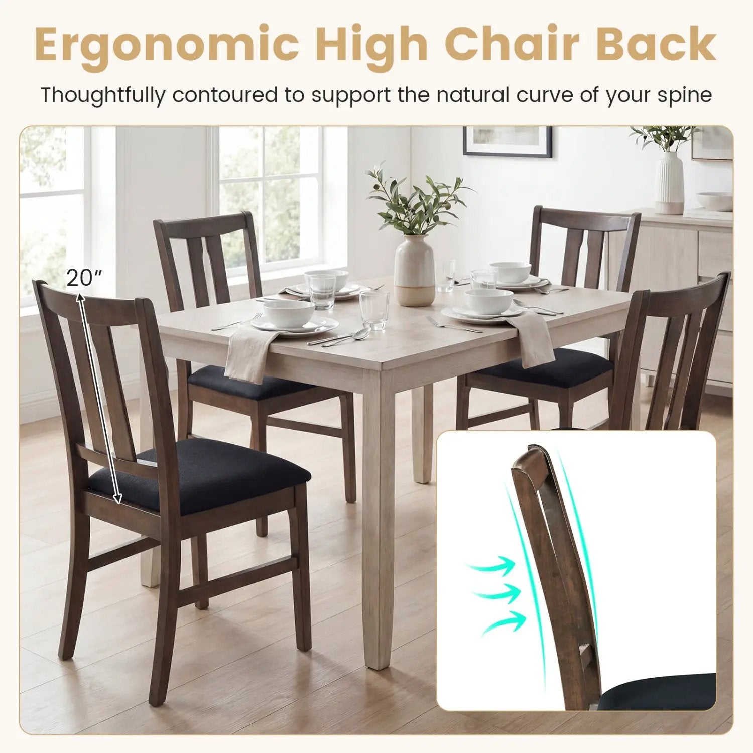 Set of 4 Wooden Upholstered Dining Chairs with High Curved Back by DirectDeals