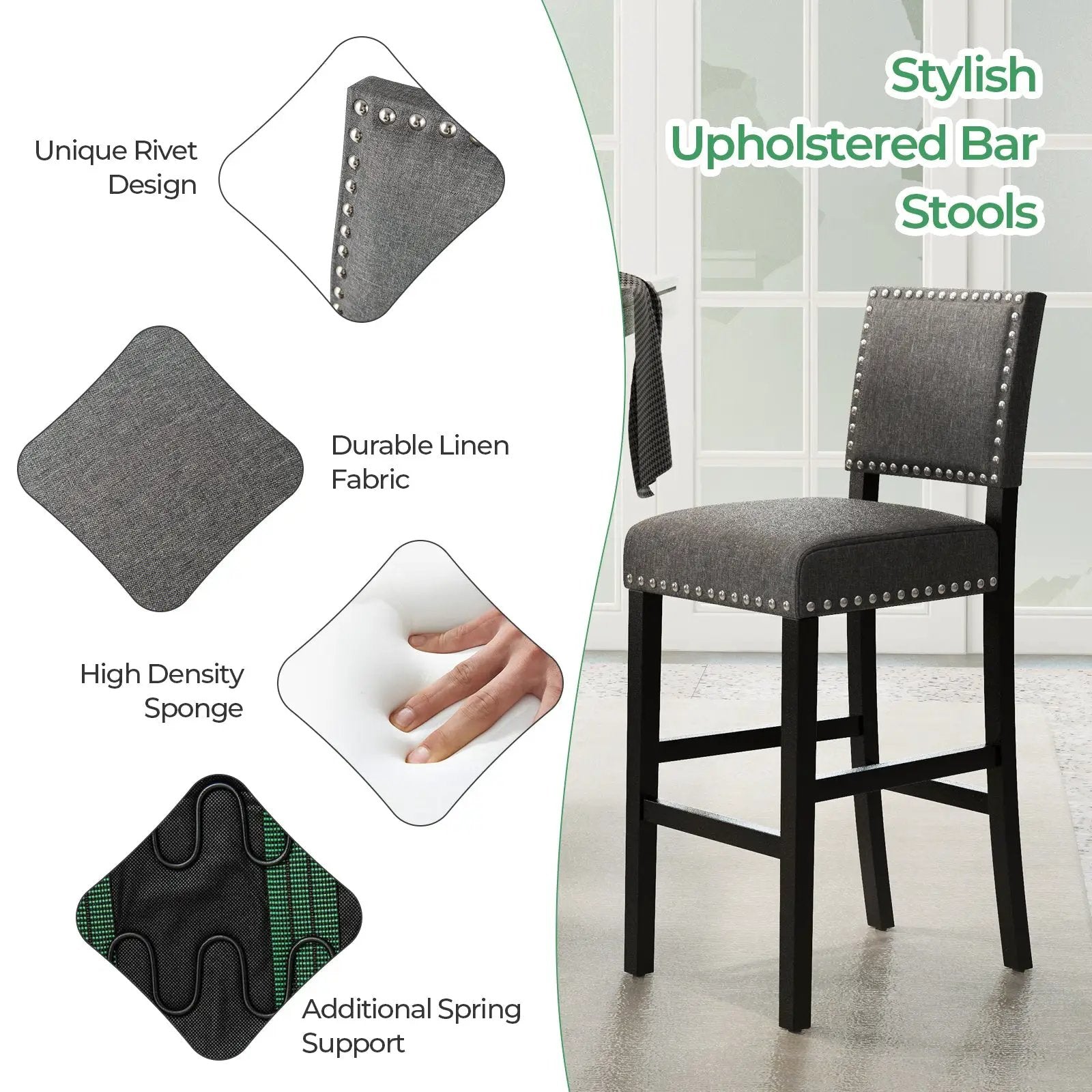 38.5/43.5 Inch Set of 2 Counter Height Chairs with Solid Rubber Wood Frame by DirectDeals
