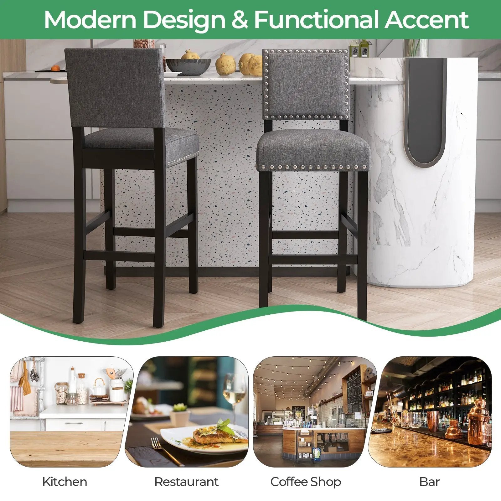38.5/43.5 Inch Set of 2 Counter Height Chairs with Solid Rubber Wood Frame by DirectDeals