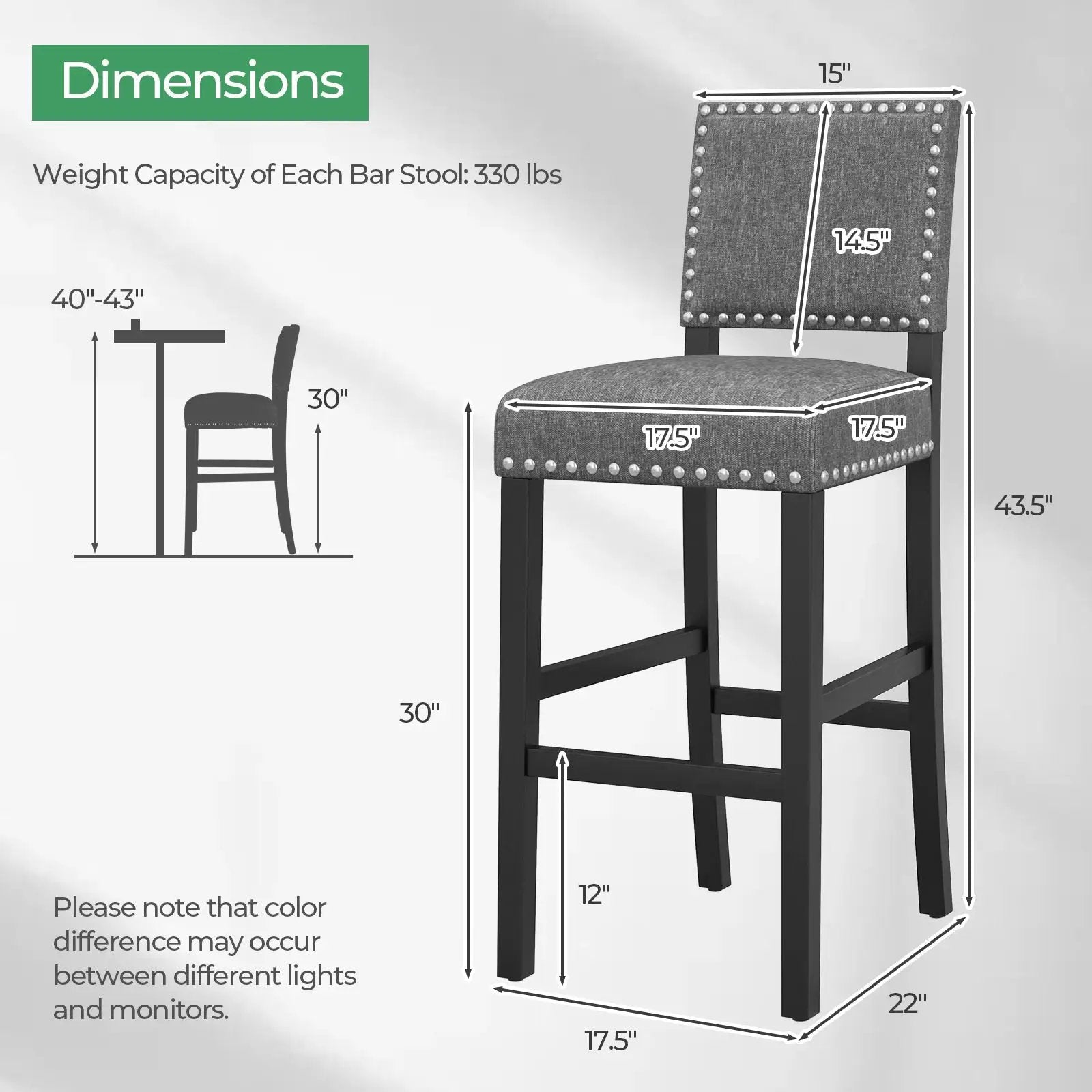 38.5/43.5 Inch Set of 2 Counter Height Chairs with Solid Rubber Wood Frame by DirectDeals