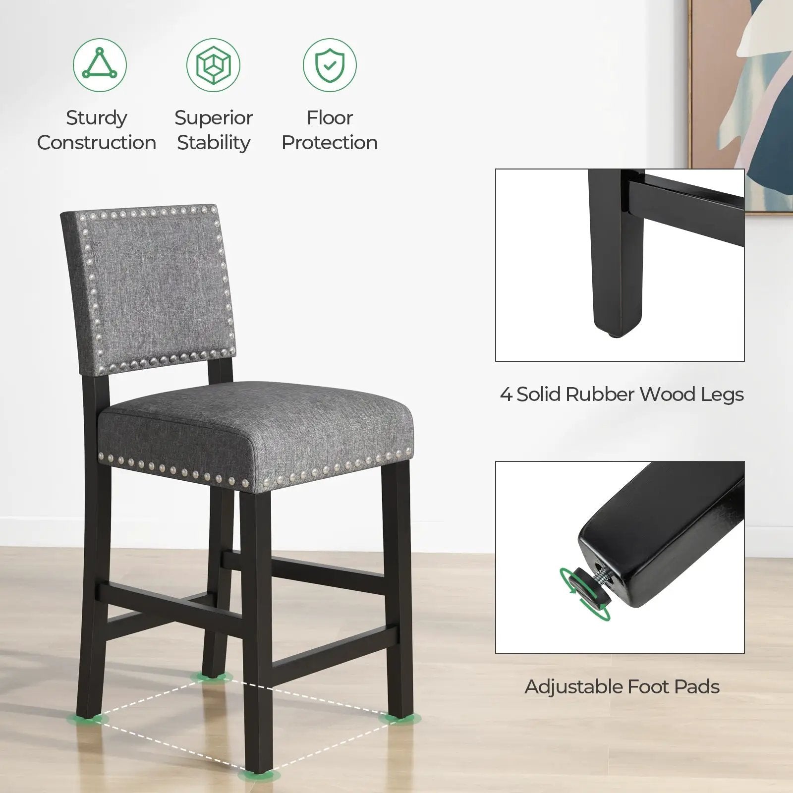 38.5/43.5 Inch Set of 2 Counter Height Chairs with Solid Rubber Wood Frame by DirectDeals
