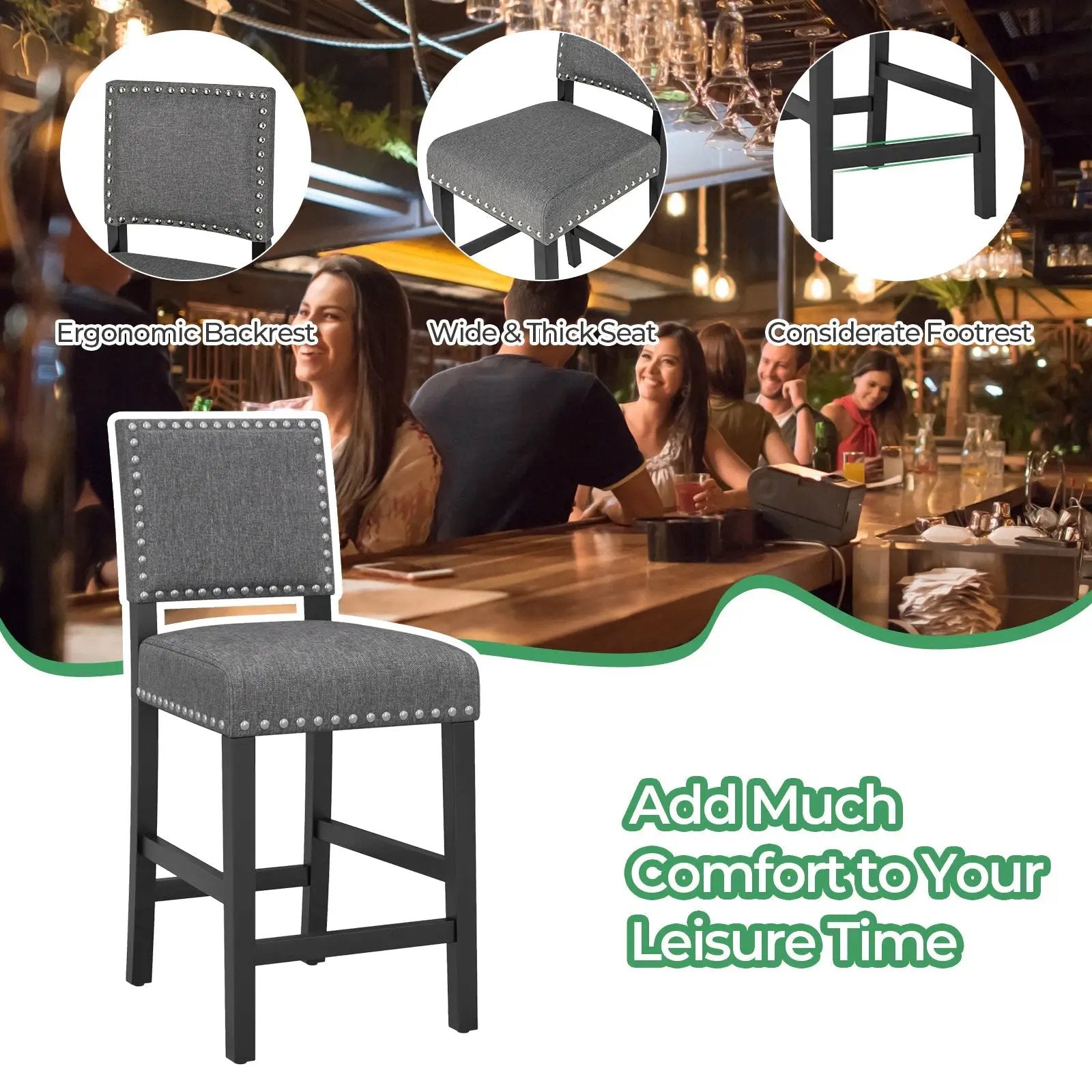 38.5/43.5 Inch Set of 2 Counter Height Chairs with Solid Rubber Wood Frame by DirectDeals