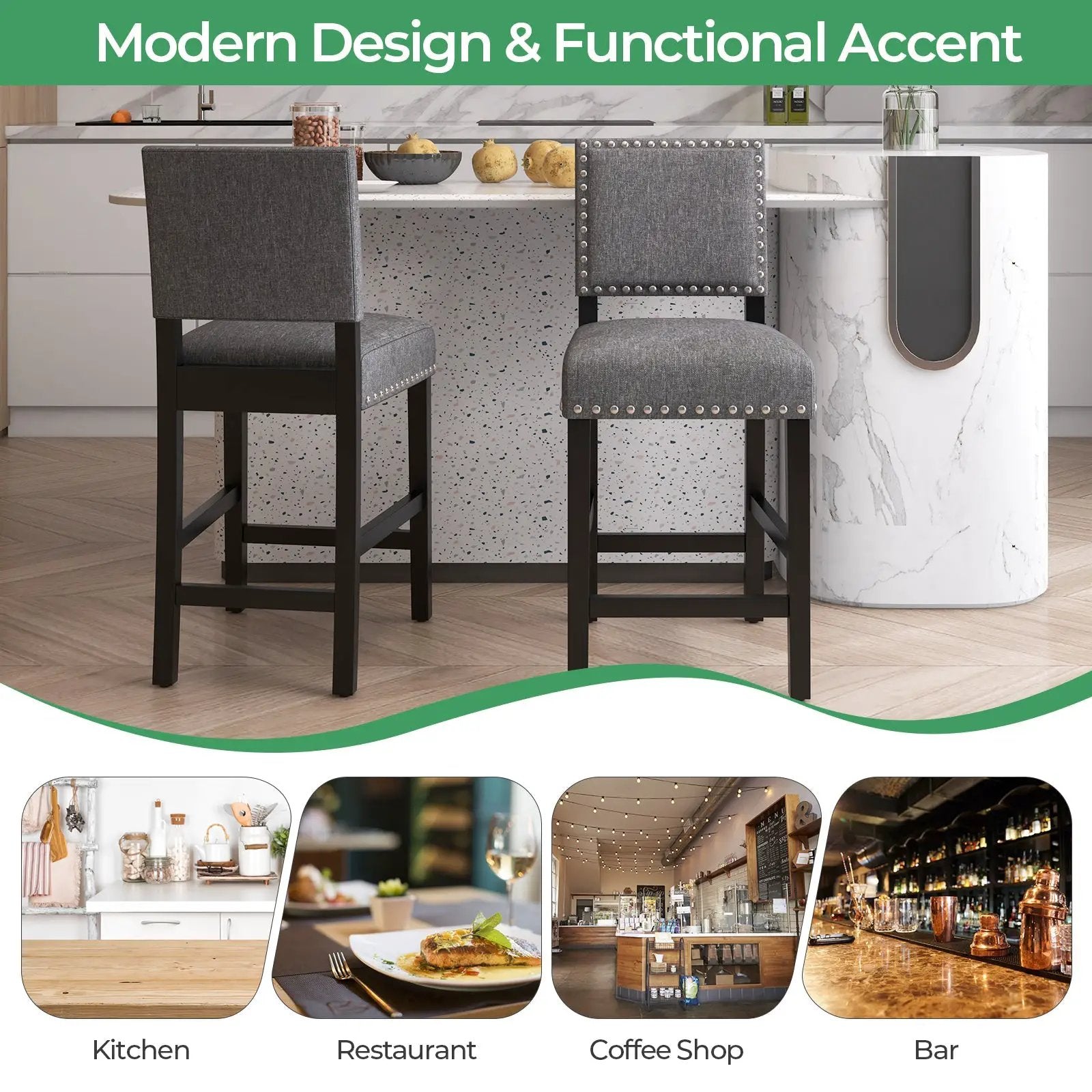 38.5/43.5 Inch Set of 2 Counter Height Chairs with Solid Rubber Wood Frame by DirectDeals