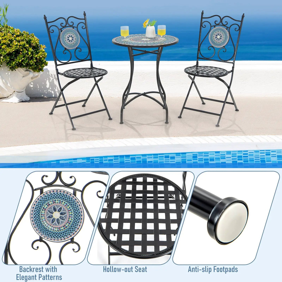 Set of 2 Mosaic Chairs for Patio Metal Folding Chairs, photo 7 of 10