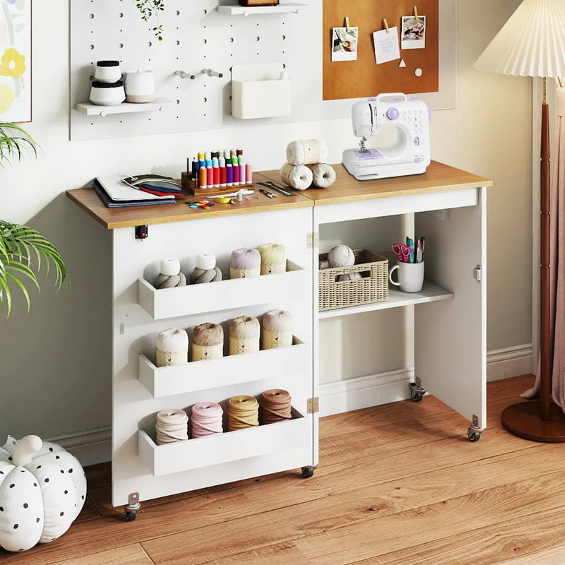 Folding Sewing Table with Charging Station and Casters by DirectDeals