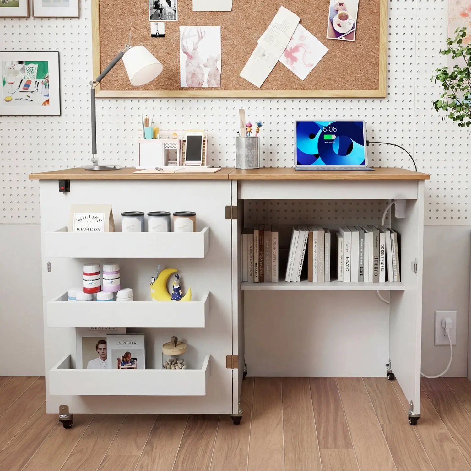 Folding Sewing Table with Charging Station and Casters by DirectDeals