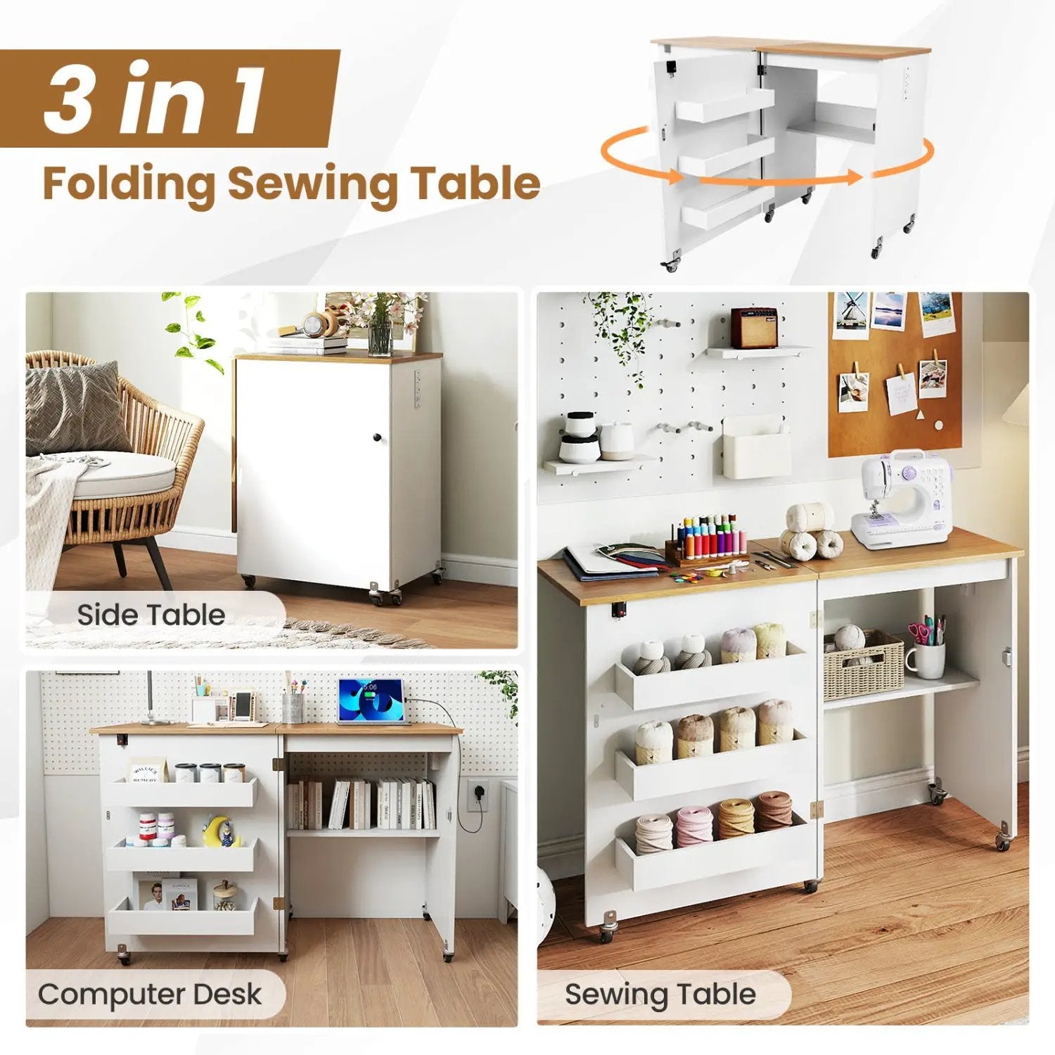 Folding Sewing Table with Charging Station and Casters by DirectDeals