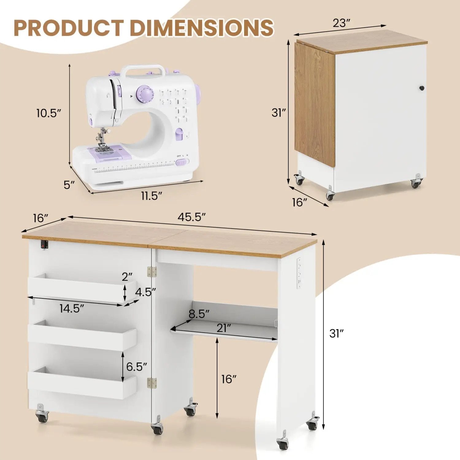 Folding Sewing Table with Charging Station and Casters by DirectDeals