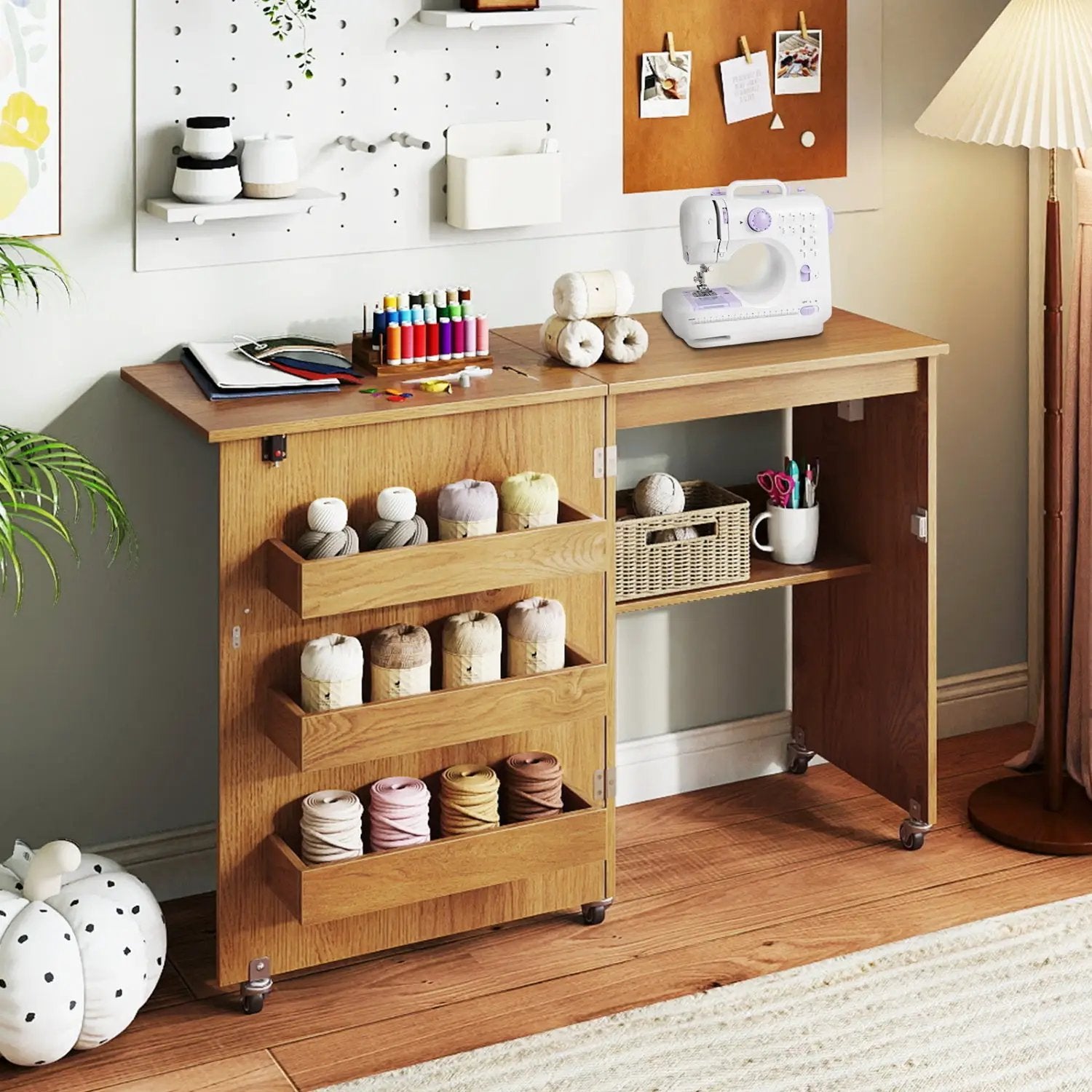 Folding Sewing Table with Charging Station and Casters by DirectDeals
