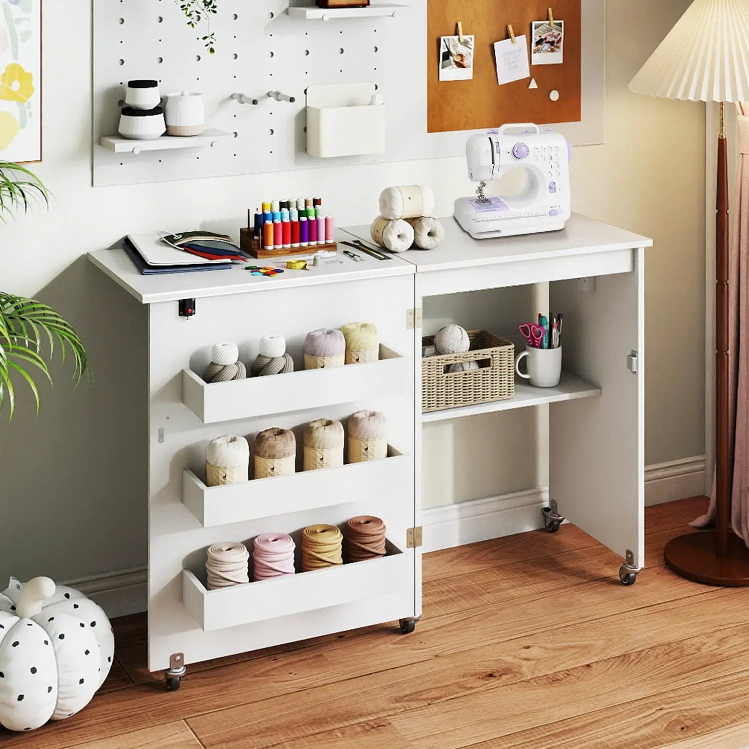 Folding Sewing Table with Charging Station and Casters by DirectDeals