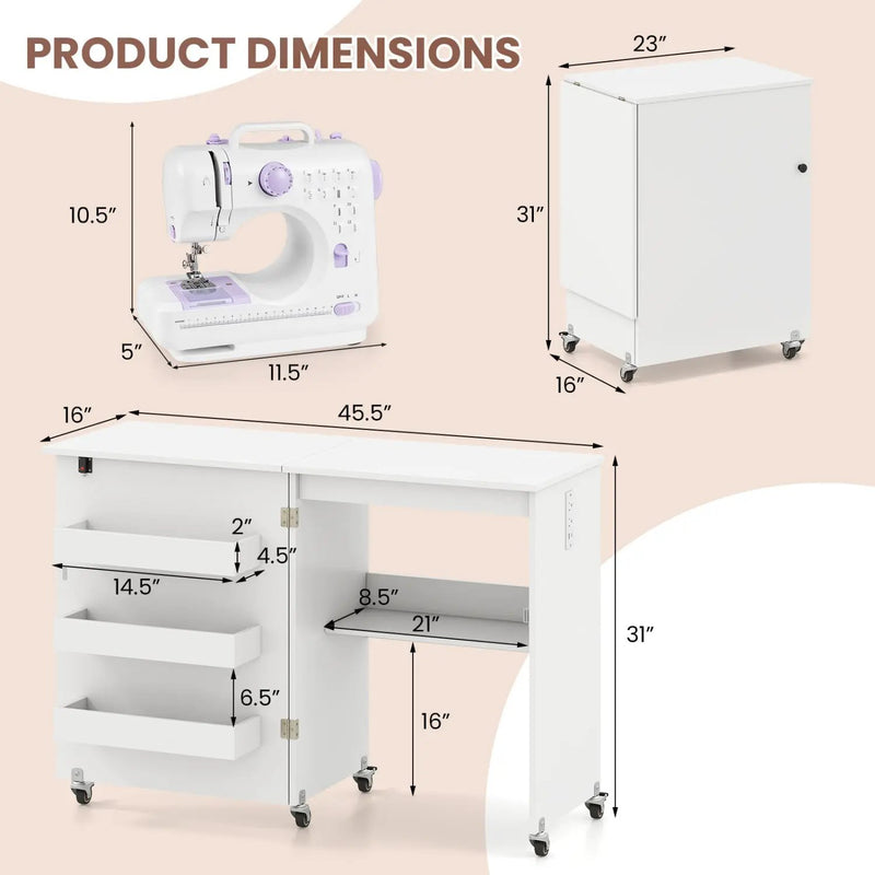 Folding Sewing Table with Charging Station and Casters by DirectDeals