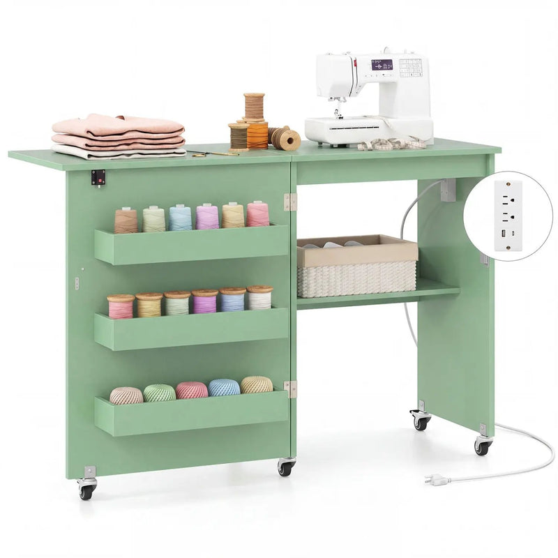 Folding Sewing Table with Charging Station and Casters by DirectDeals