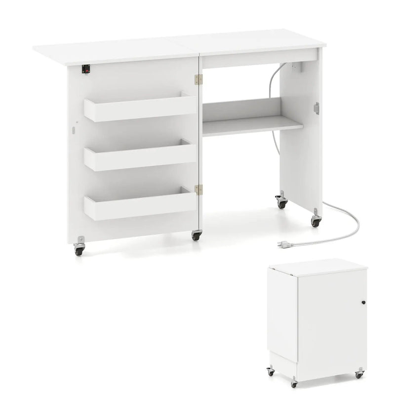 Folding Sewing Table with Charging Station and Casters by DirectDeals