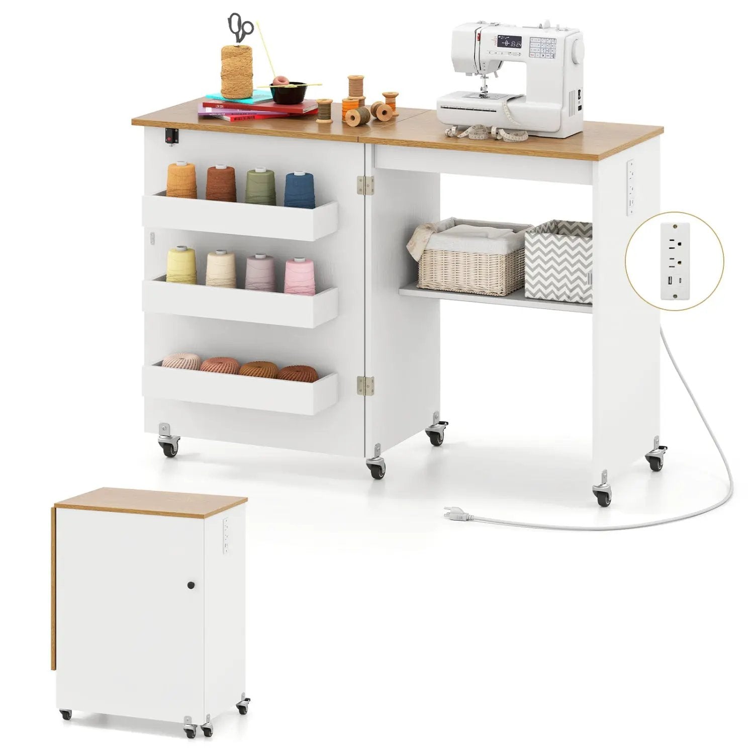 Folding Sewing Table with Charging Station and Casters by DirectDeals