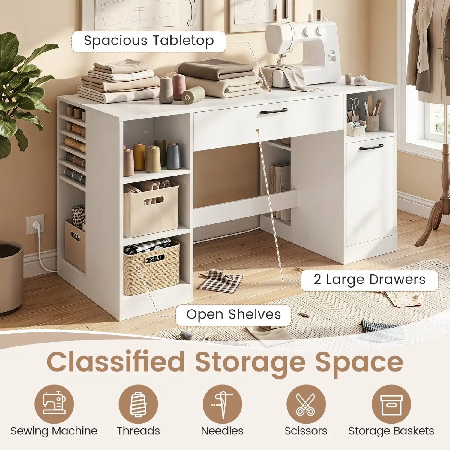 Sewing Table with Power Outlets and Storage Drawers by DirectDeals