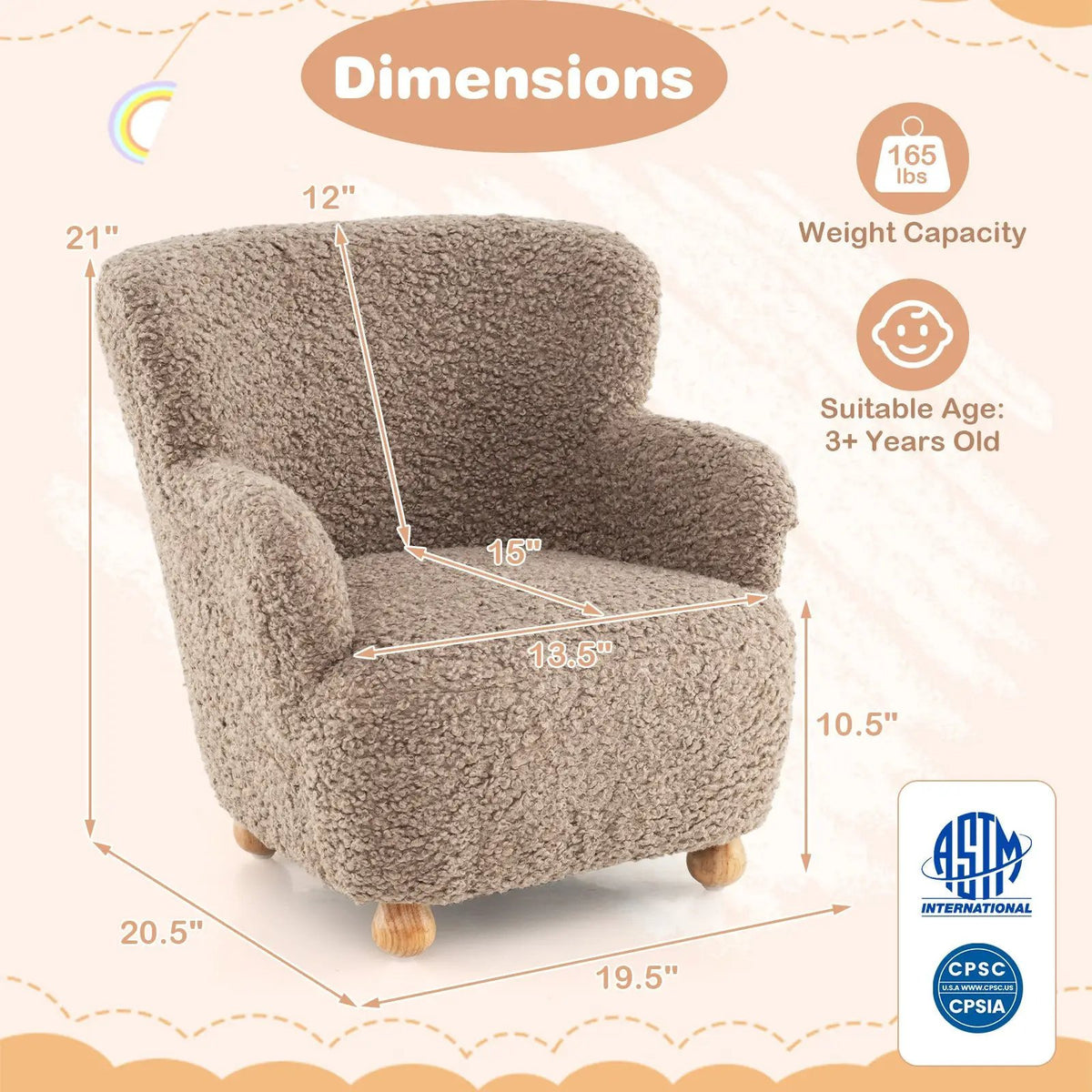 Sherpa Kids Sofa Comfy Toddler Armchair with Solid Rubber Wood Legs, photo 15 of 24