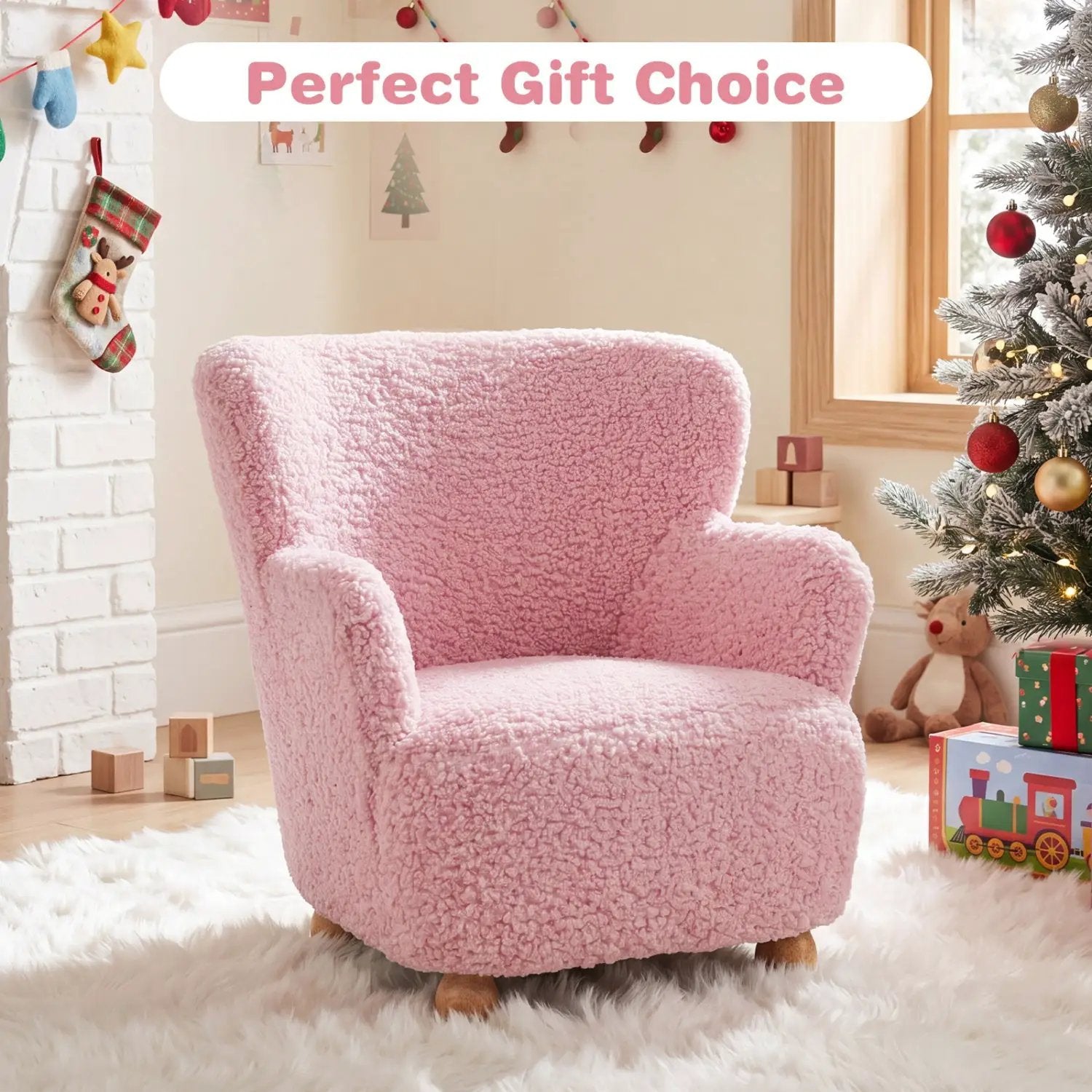 Kids Sherpa Armchair with Solid Wood Legs - Light Pink by DirectDeals