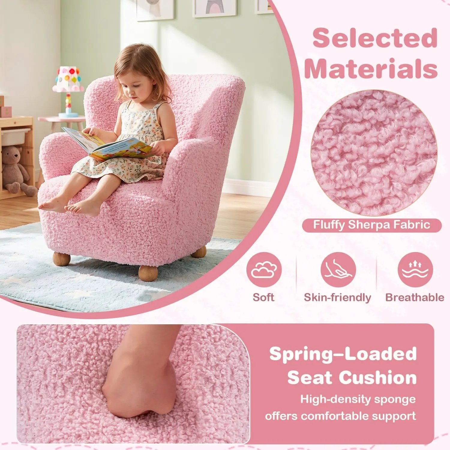 Kids Sherpa Armchair with Solid Wood Legs - Light Pink by DirectDeals