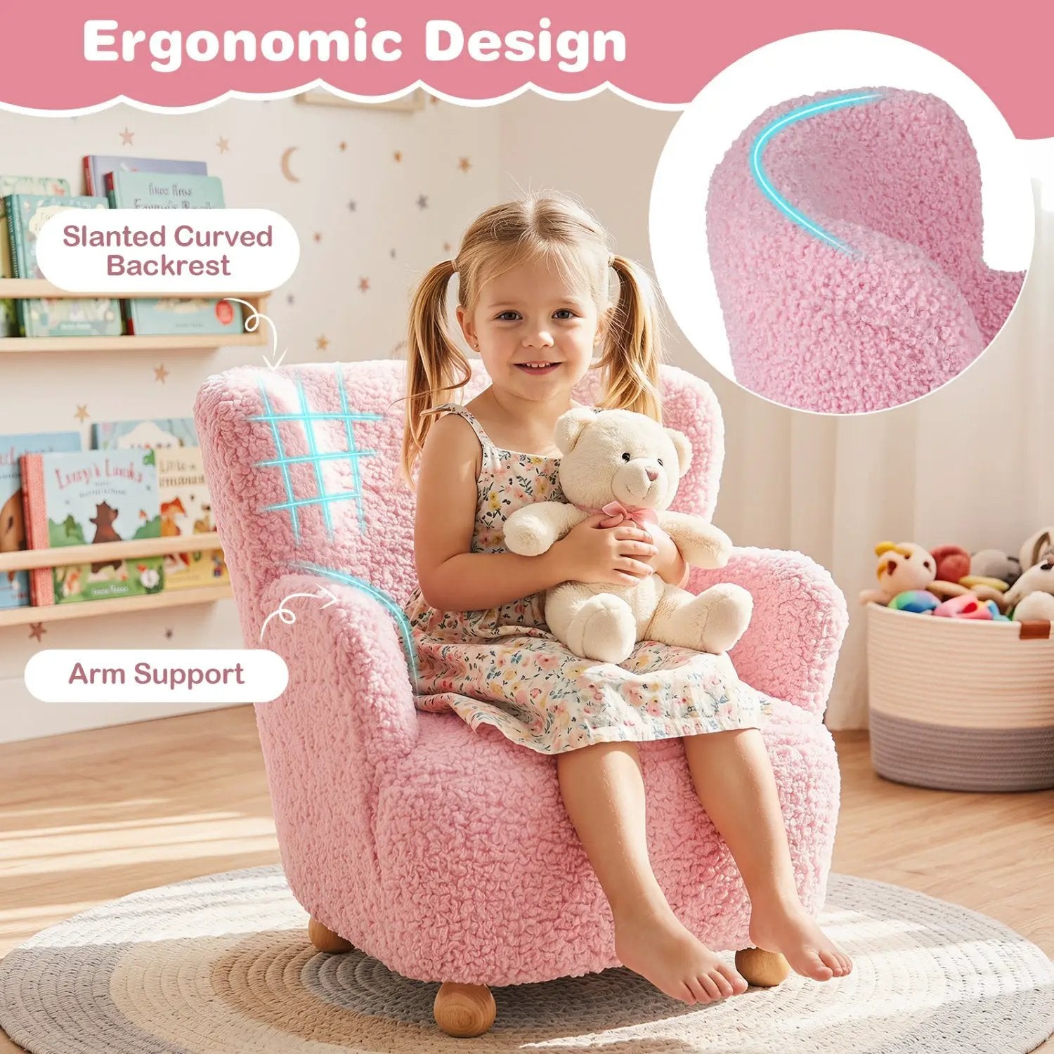 Kids Sherpa Armchair with Solid Wood Legs - Light Pink by DirectDeals