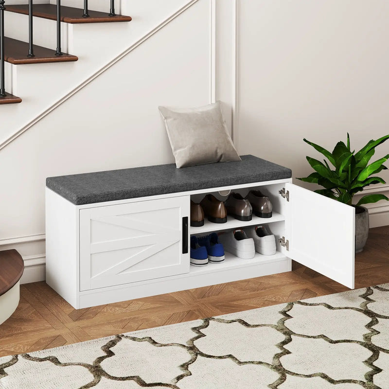 Shoe Bench with Cushion Farmhouse Shoe Rack Organizer with 2 Barn Doors-White by DirectDeals