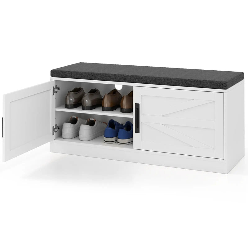Shoe Bench with Cushion Farmhouse Shoe Rack Organizer with 2 Barn Doors-White by DirectDeals