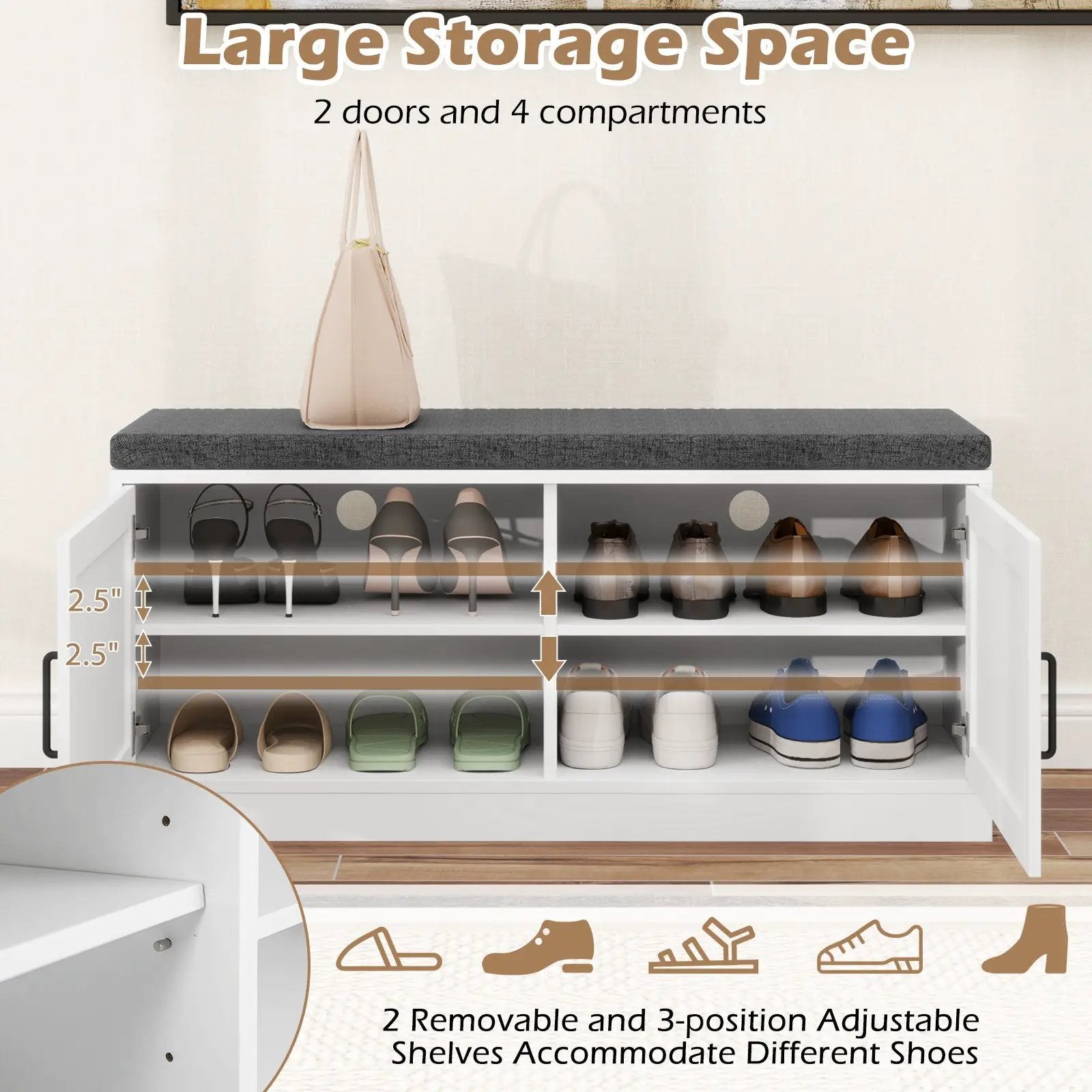 Shoe Bench with Cushion Farmhouse Shoe Rack Organizer with 2 Barn Doors-White by DirectDeals