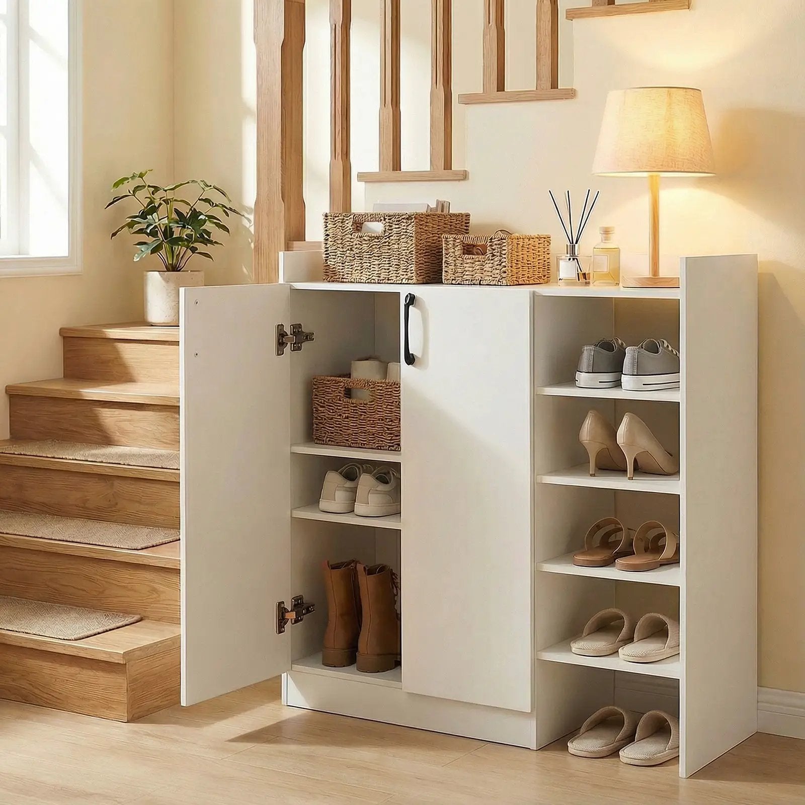 Shoe Cabinet with 2 Doors Shoe Storage Organizer with 2 Adjustable Inner Shelves-White by DirectDeals