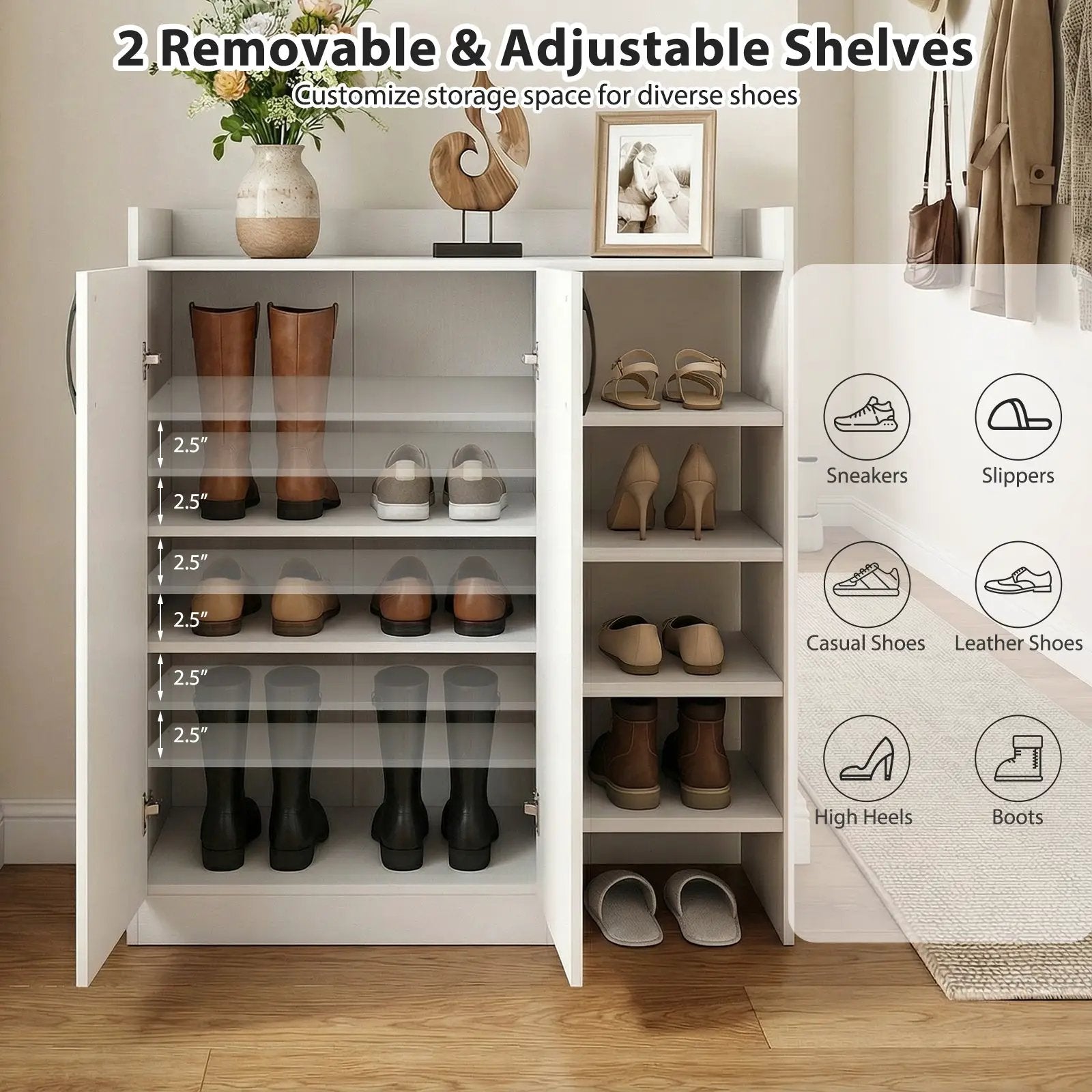 Shoe Cabinet with 2 Doors Shoe Storage Organizer with 2 Adjustable Inner Shelves-White by DirectDeals