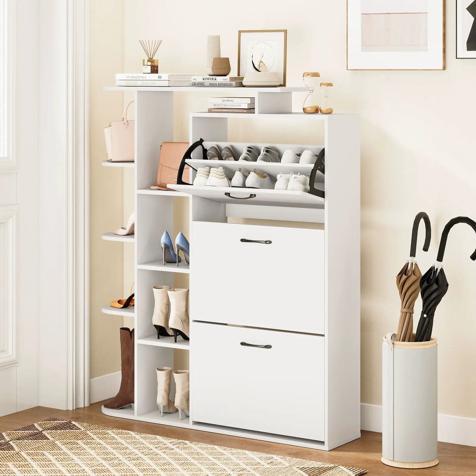 Shoe Cabinet with Open Shelves Modern Shoe Organizer with 3 Flip Drawers by DirectDeals