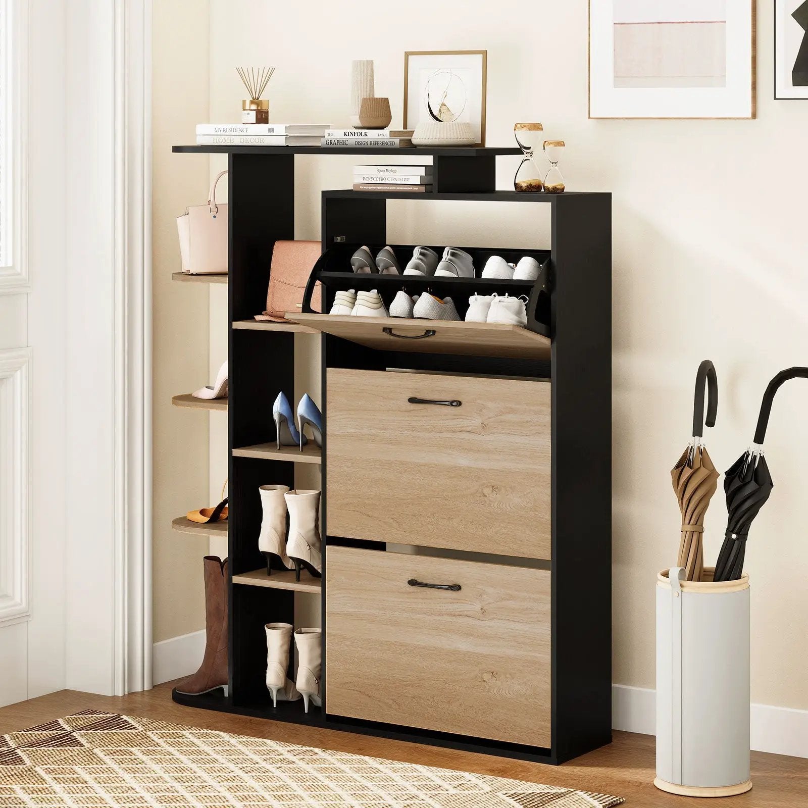 Shoe Cabinet with Open Shelves Modern Shoe Organizer with 3 Flip Drawers by DirectDeals