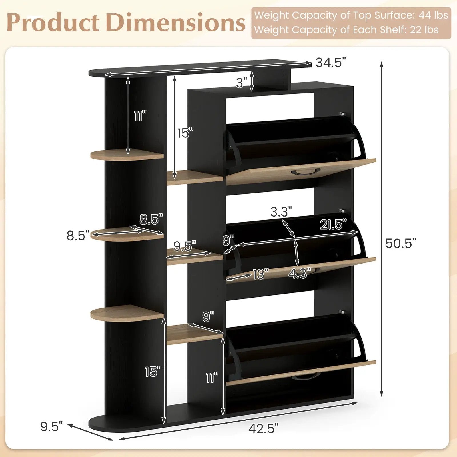 Shoe Cabinet with Open Shelves Modern Shoe Organizer with 3 Flip Drawers by DirectDeals
