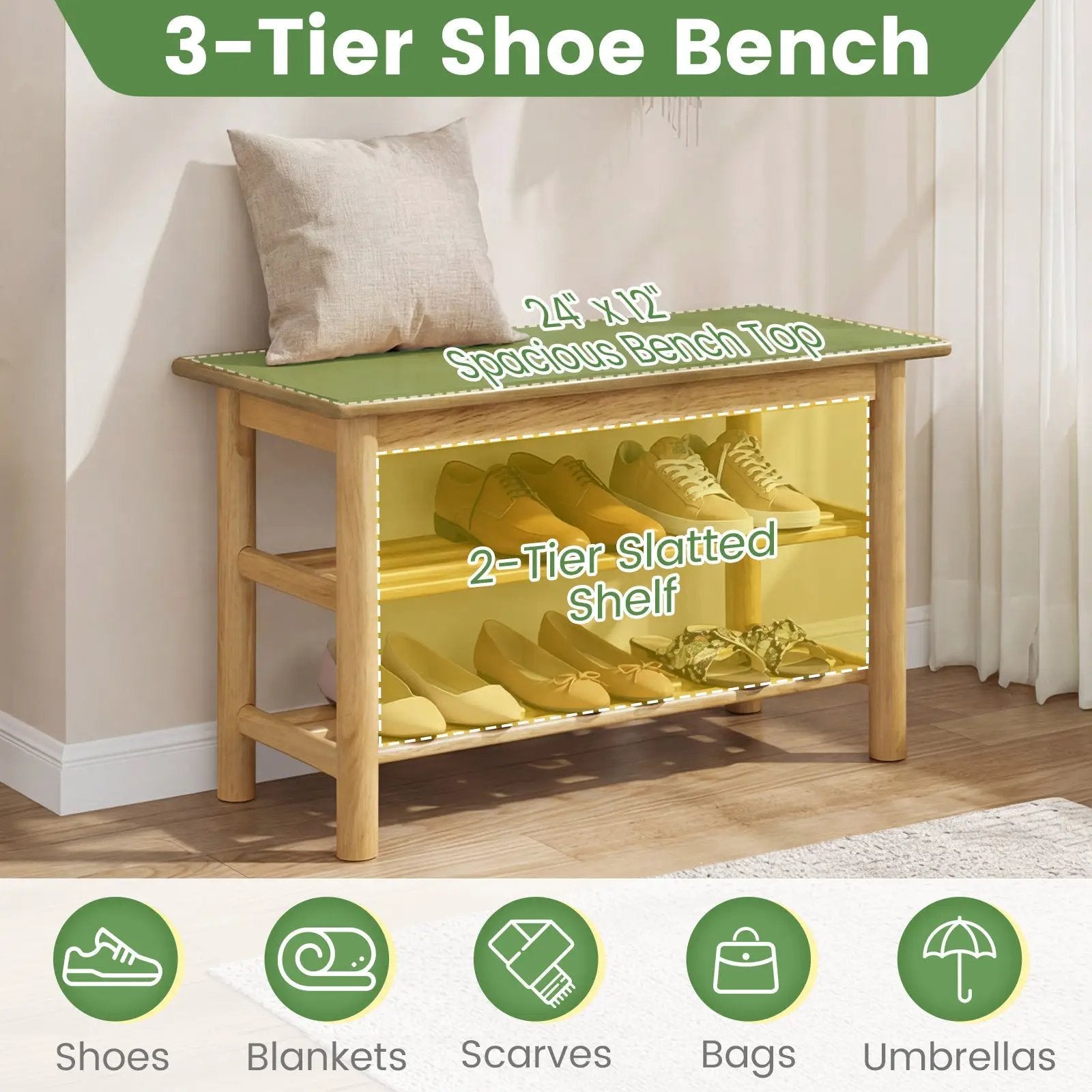 Shoe Rack Bench 3-Tier Rubberwood Shoe Changing Bench-Natrual by DirectDeals