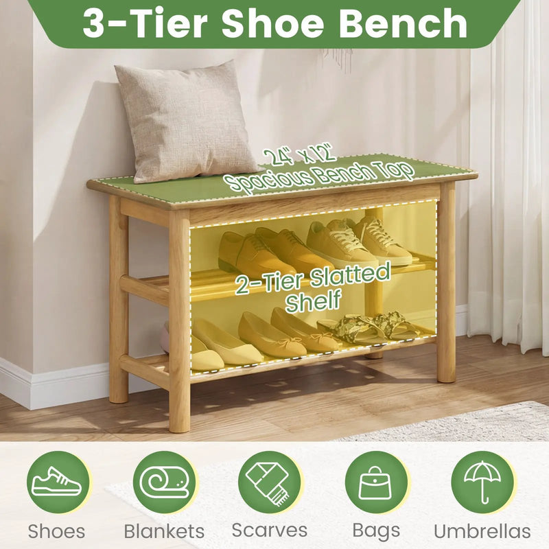 Shoe Rack Bench 3-Tier Rubberwood Shoe Changing Bench-Natrual by DirectDeals
