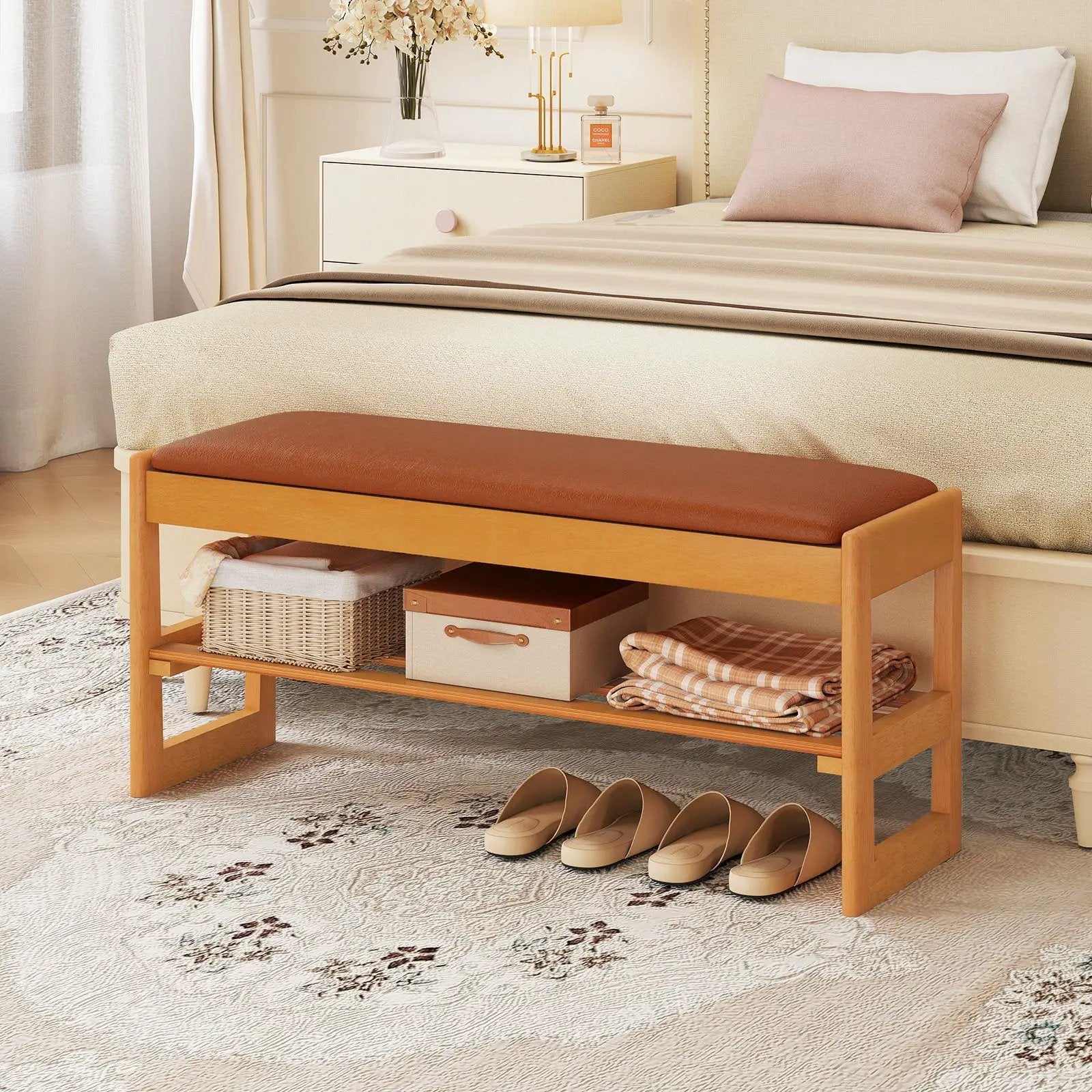 Shoe Rack Bench with Storage 2-Tier Rubberwood Entryway Bench with Flip-Open Storage by DirectDeals